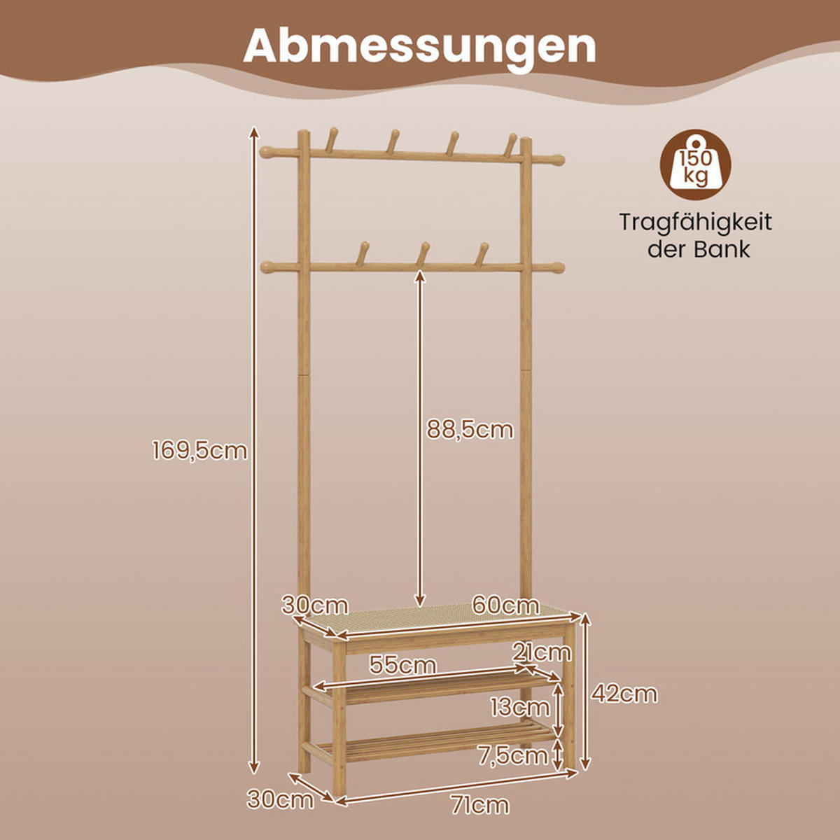 GARDEROBENSTÄNDER mit Schuhbank natur - Naturfarben, Naturmaterialien (71/169.5/30cm) - COSTWAY