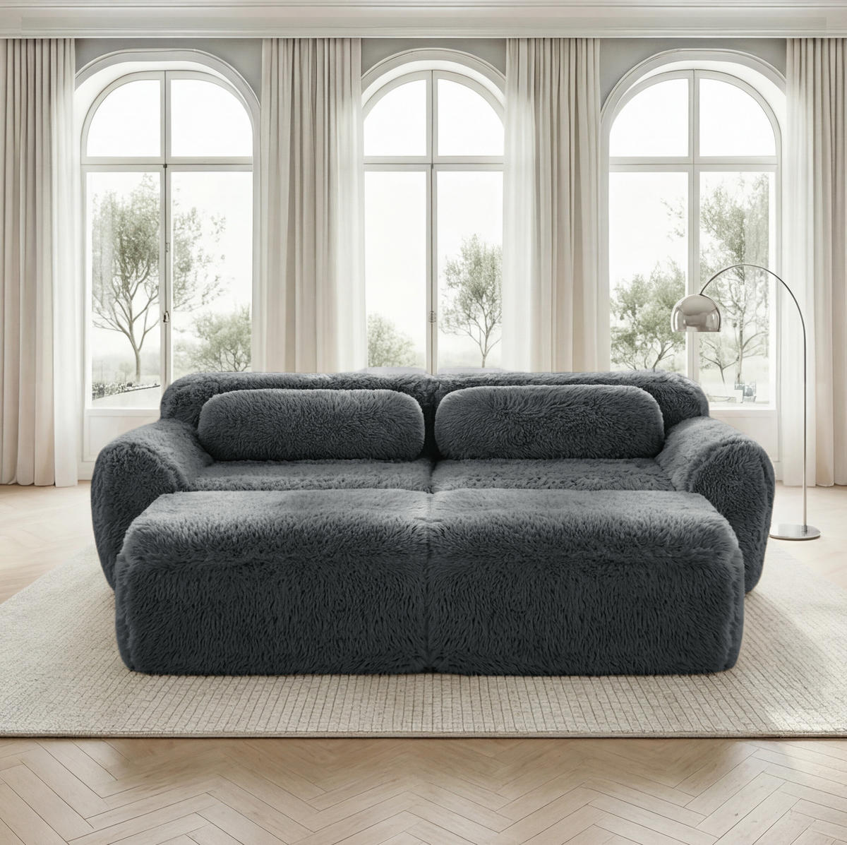 SOFA modular mit 2 Ottomans Plüsch Grau - Grau, Kunststoff (179/73/204.1cm) - Meubliv
