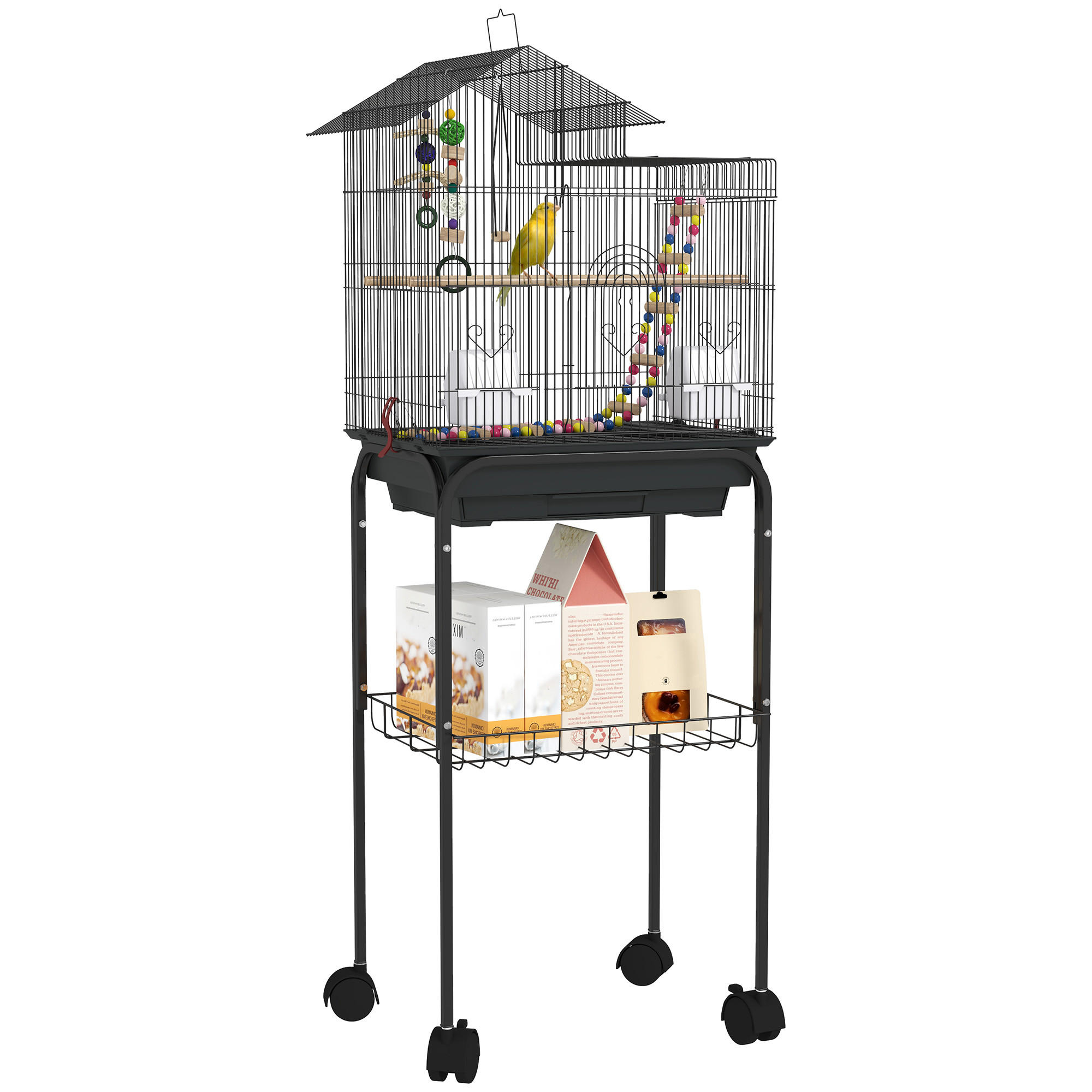 VOGELKÄFIG DE-17843 2 Näpfe & 2 Sitzstangen auf Rollen - Schwarz, Metall (36/120/46cm) - ComfortXL