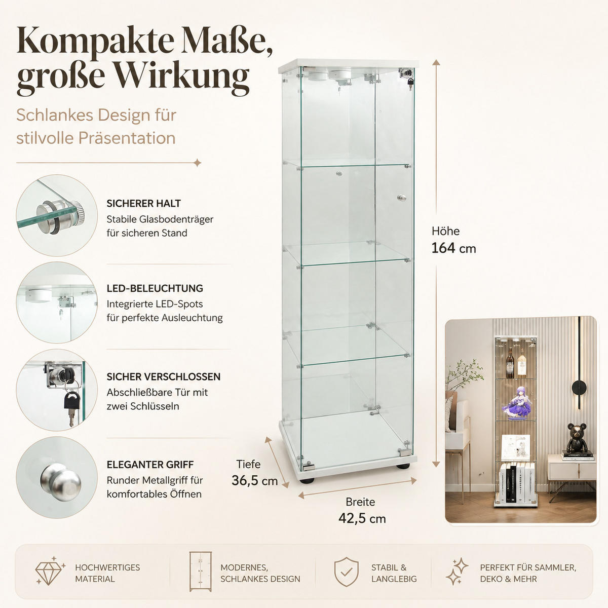 VITRINE,TRANSPARENT, 4-stufig, mit LED-Beleuchtung, Weiß Rahmen, abschließbare Tür - Weiß, Glas (42.5/164/36.5cm) - Joyfair
