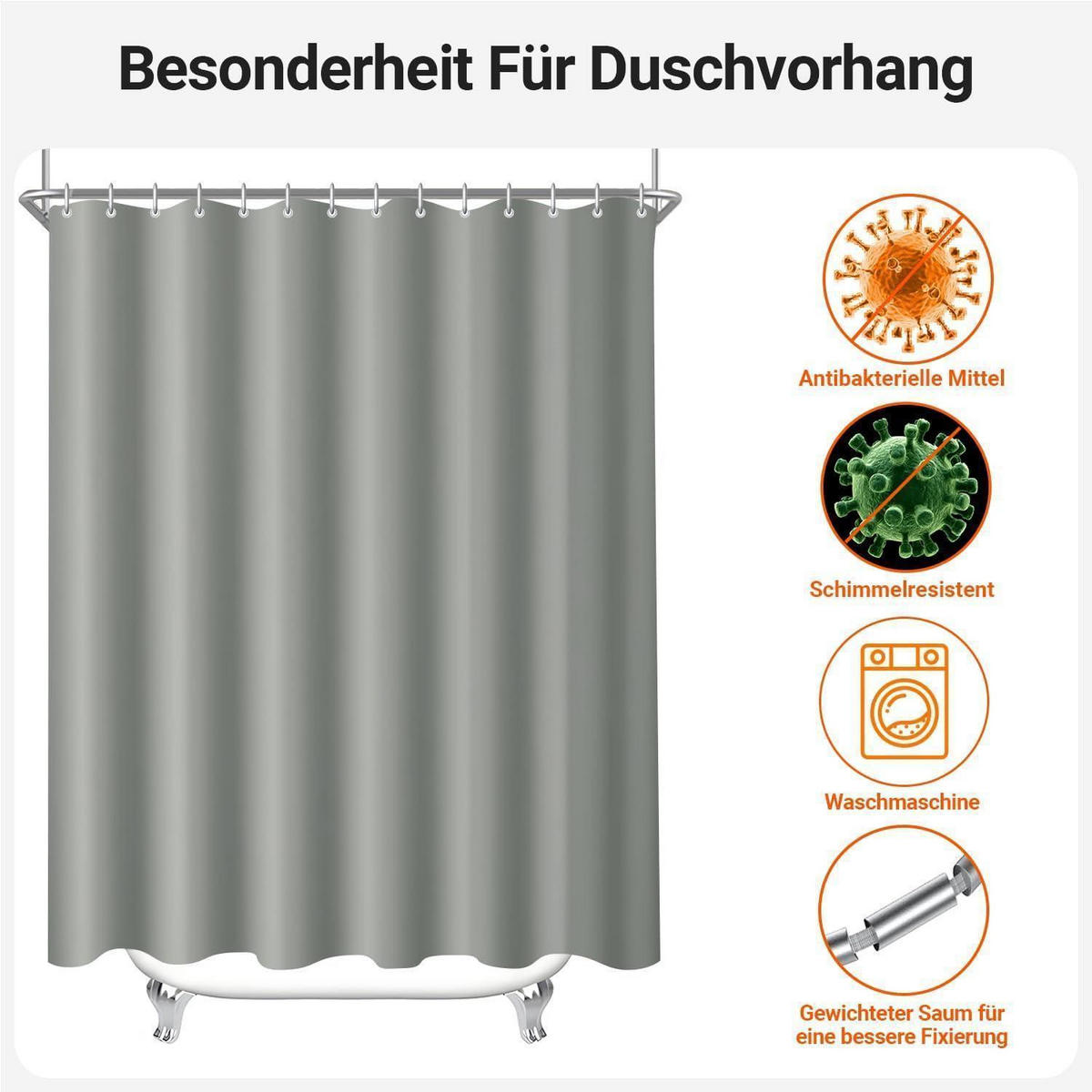 DUSCHVORHANG Grau 240 x 180 cm Textil Wasserabweisend Waschbar - Grau, Textil (240/180cm)