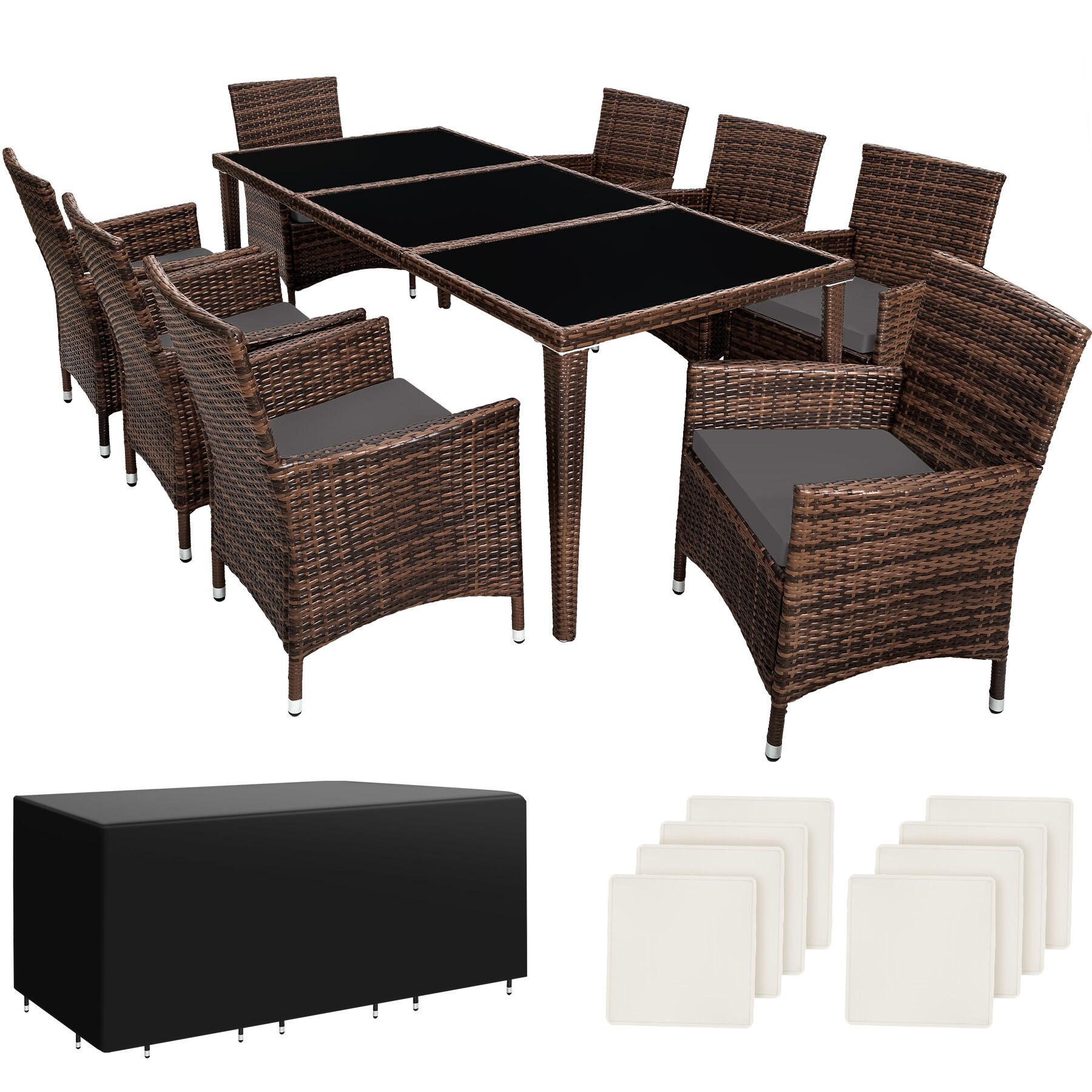 RATTAN SITZGRUPPE Menorca,2 Bezugssets, inklusive Schutzhülle,schwarz/braun - Schwarz/Braun, Kunststoff - tectake