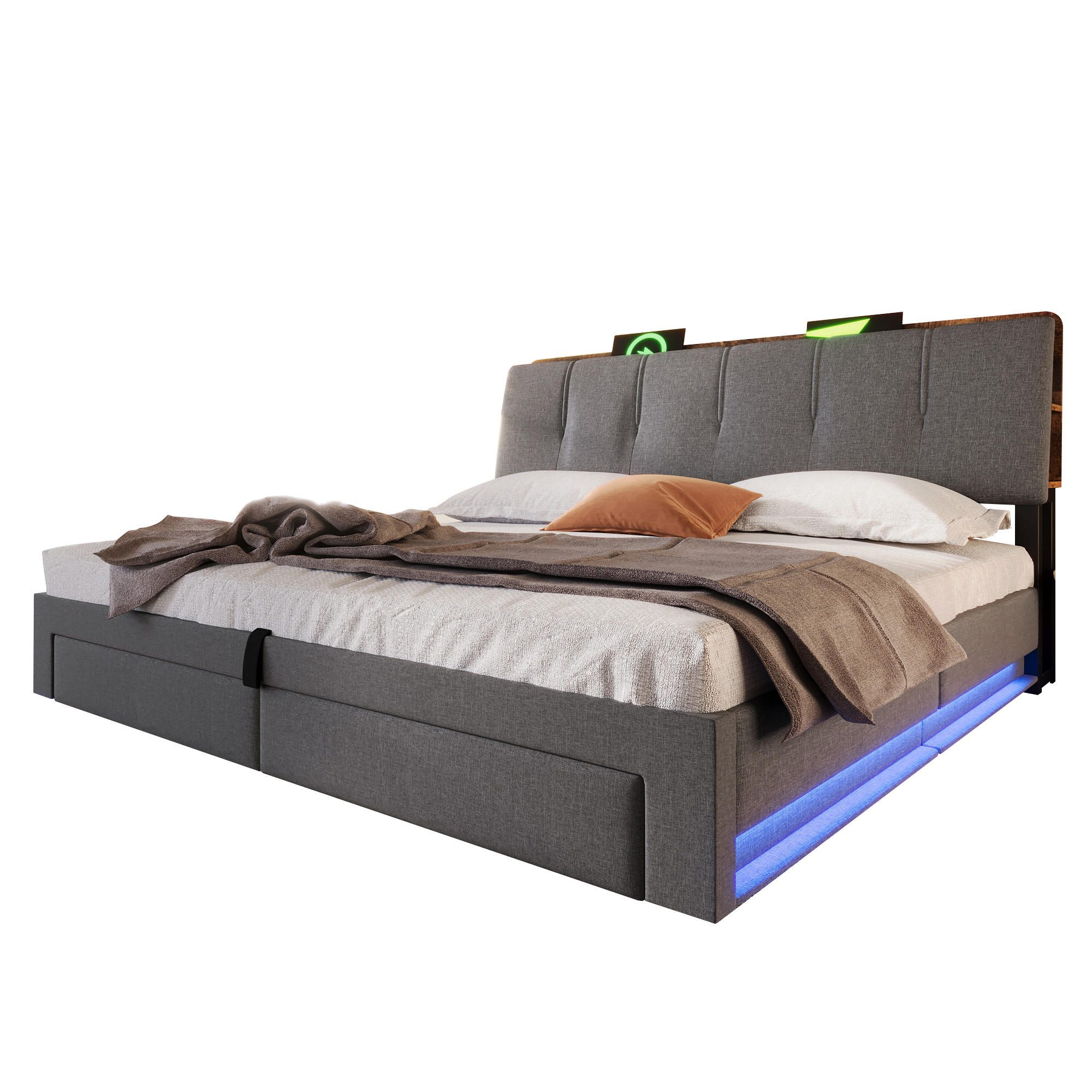 FLIEKS ČALOUNĚNÁ POSTEL 180x200cm Úložná LED USB-C Len Šedá