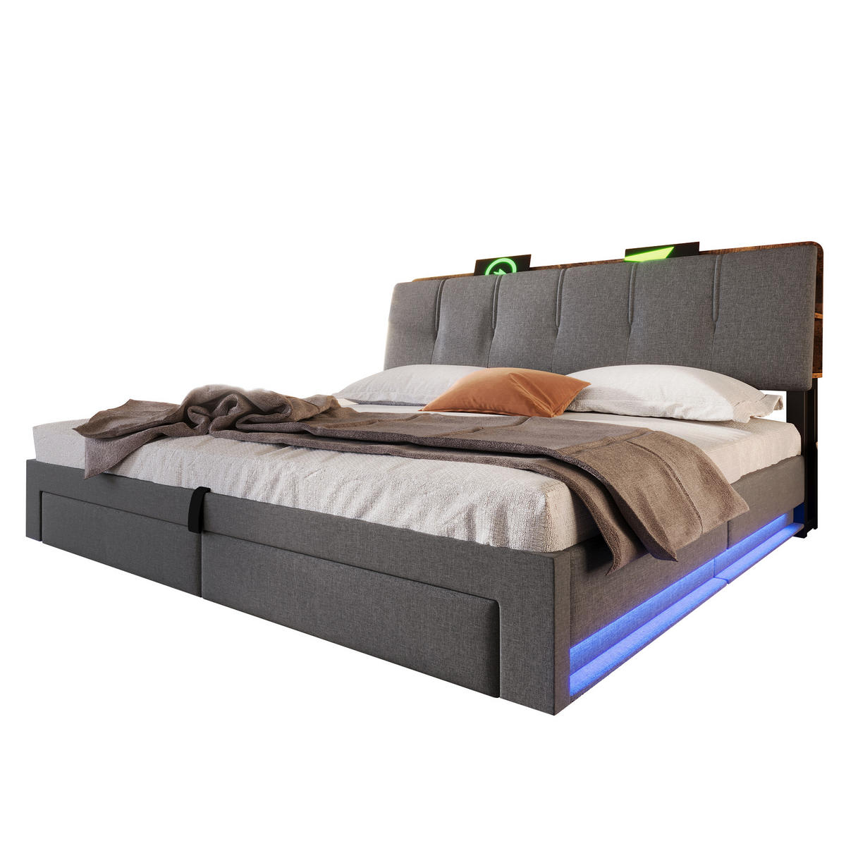 POLSTERBETT 180/200 cm Grau mit USB-Typ-C-Ladeanschluss, LED-Beleuchtung und 2 Schubladen - Grau, Textil (180/200cm) - Oxeza
