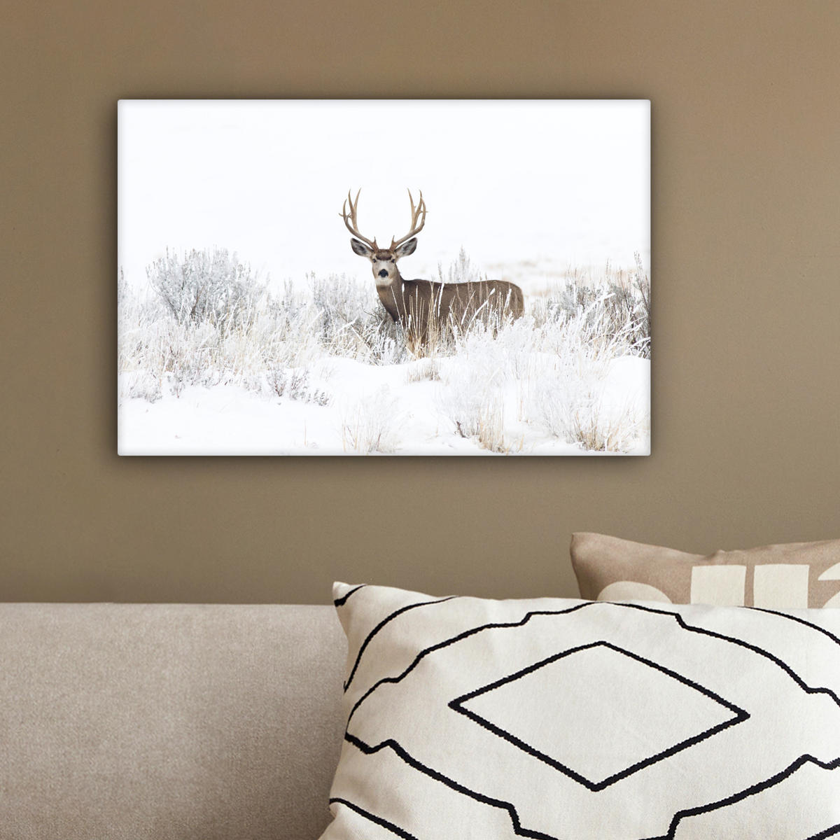 LEINWANDBILD Hirsche - Winter - Schnee - Tiere - Jahreszeiten - Weiß 30x20 cm - Hellbraun, Textil (30/20cm) - MuchoWow
