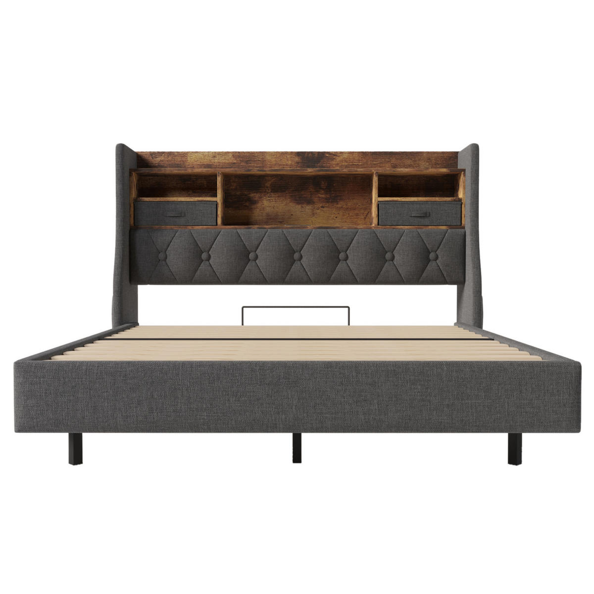 POLSTERBETT 160/200 cm mit LED-Beleuchtung, USB- und Type-C-Anschluss, Stauraum-Kopfteil aus Leinen, Grau - Grau, Textil (160/200cm) - Redom
