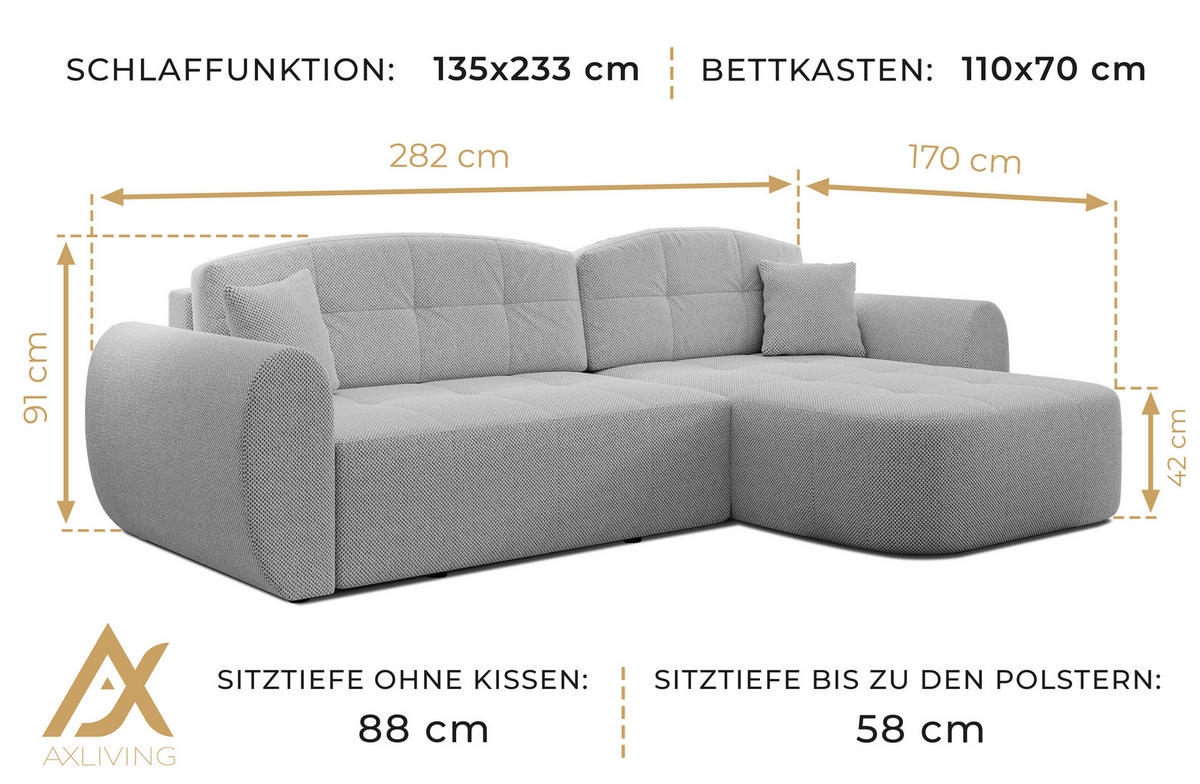 ECKSOFA L Form Nubio Schwarz 282/170/91 cm – modernes Sofa fürs Wohnzimmer - Schwarz, Kunststoff/Textil (282/170cm) - AX Living
