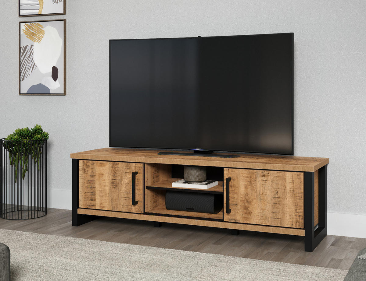 TV-LOWBOARD Mango, schwarz 166 cm, TV Unterteil mit viel Stauraum - Schwarz/Naturfarben, Holzwerkstoff/Kunststoff (166/50/45cm) - Top.Furn