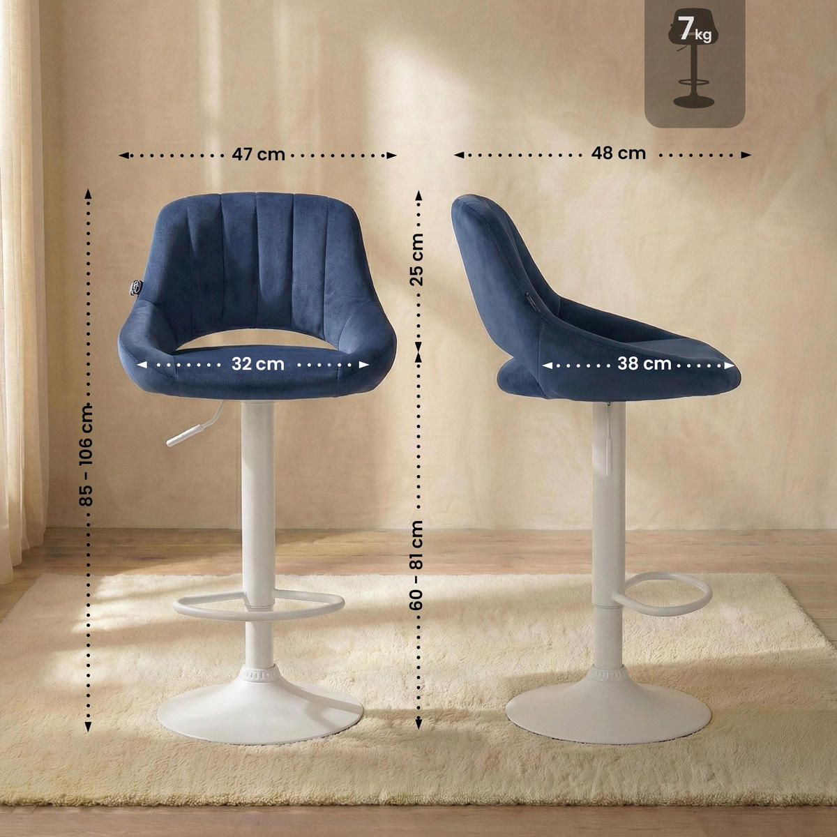 BARHOCKER Milet Samt 47x48x85 cm Blau - Blau, Textil (47/85/48cm) - furnicato
