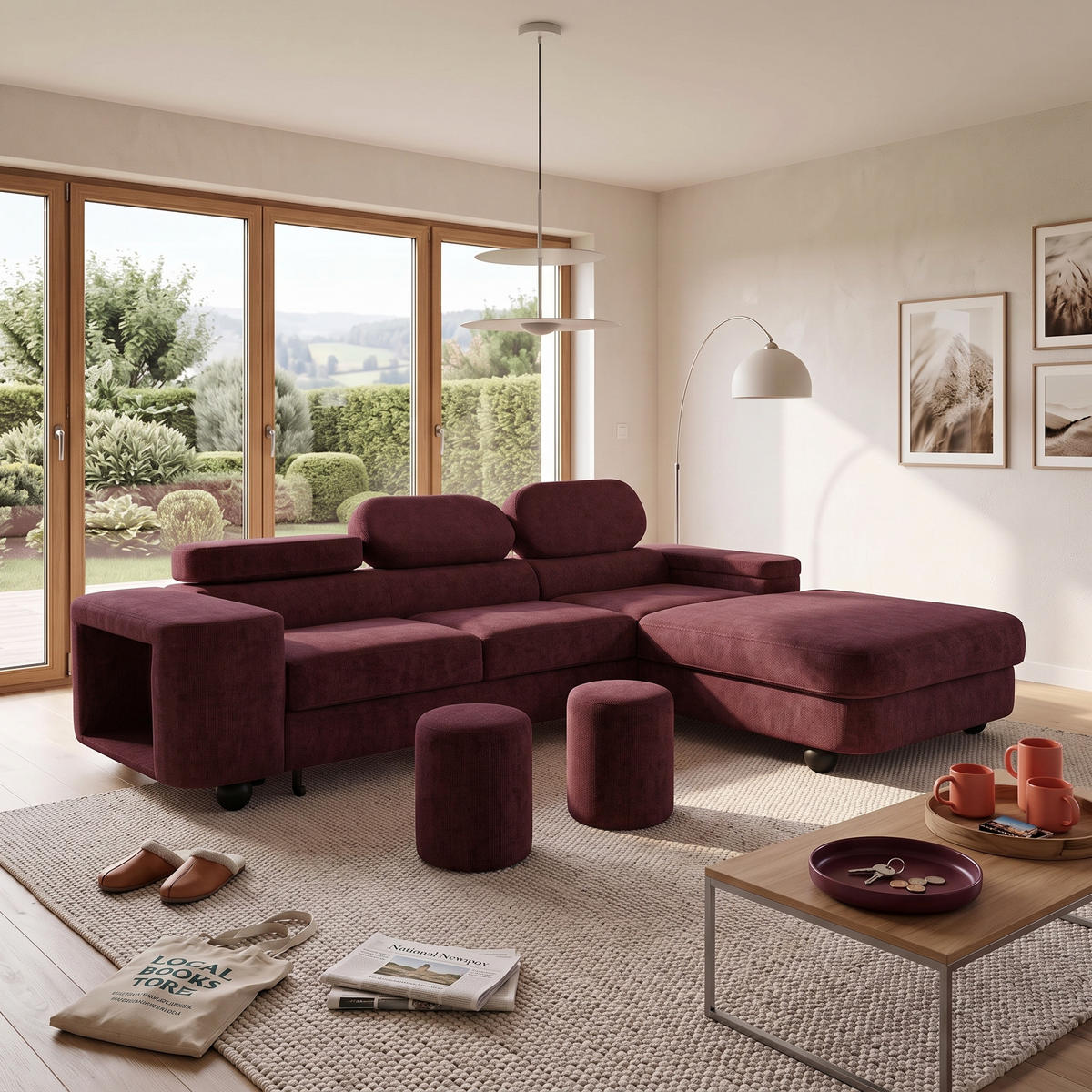 ECKSOFA LOVE L Rechts mit Schlaffunktion 124x210 Chenille Bordeaux - Bordeaux/Schwarz, Holz/Textil (205/284cm) - Muffo