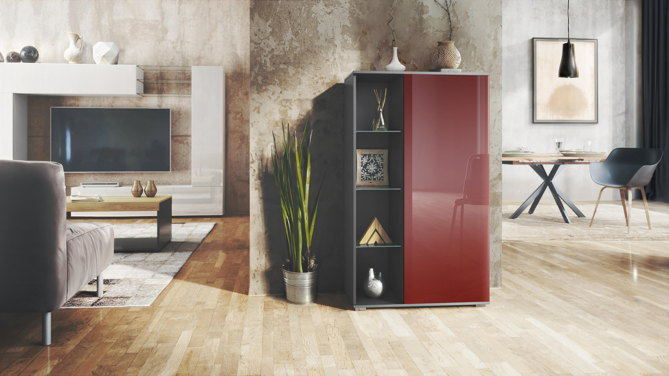 VITRINE Davos Bordeaux Hochglanz - Bordeaux, Holzwerkstoff (71.5/134/35cm) - Vladon