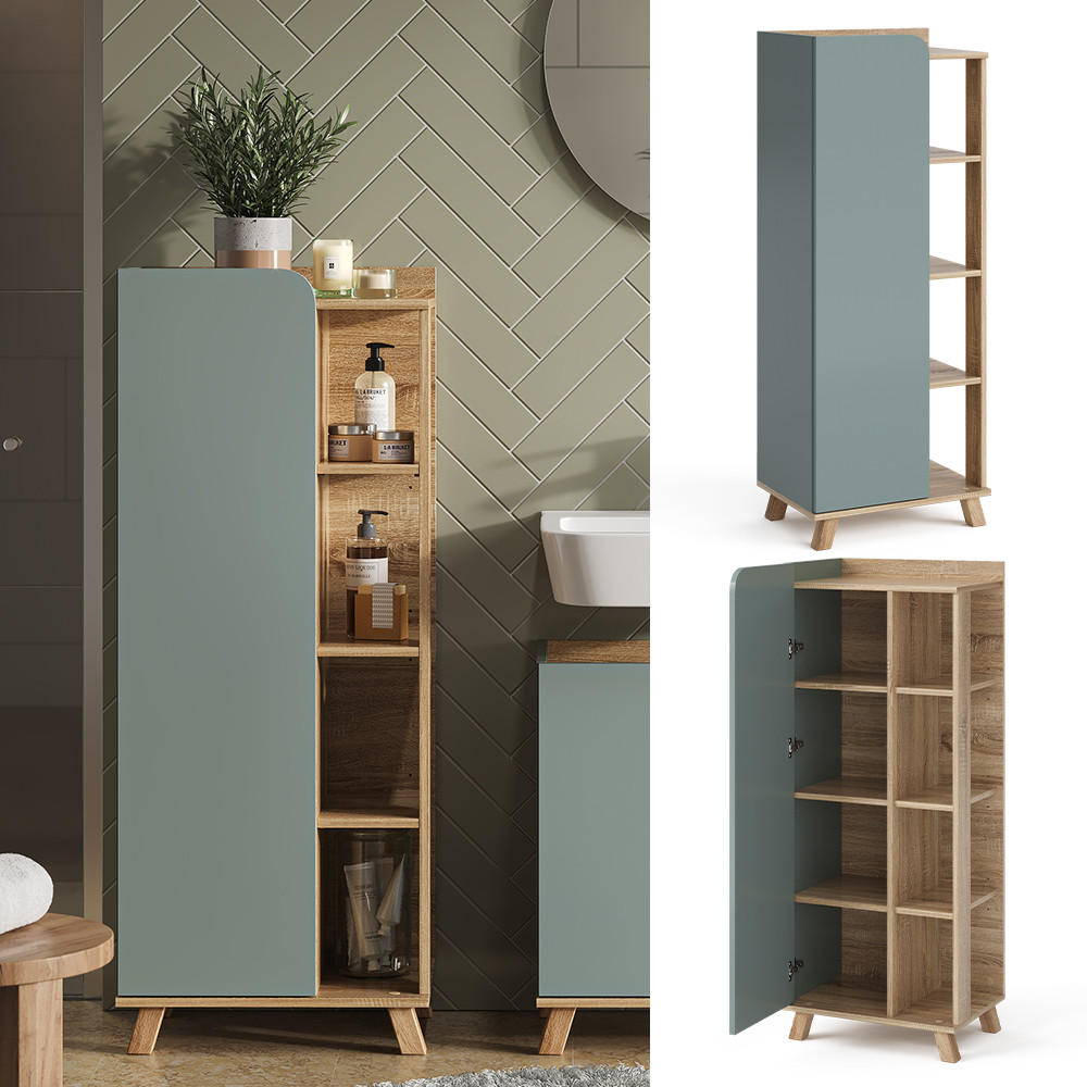 MIDISCHRANK Karen Blau-Grau 50 x 128 cm mit Tür und offenen Fächern - Dunkelblau/Sonoma Eiche, Holzwerkstoff (50/128/35cm) - Vicco
