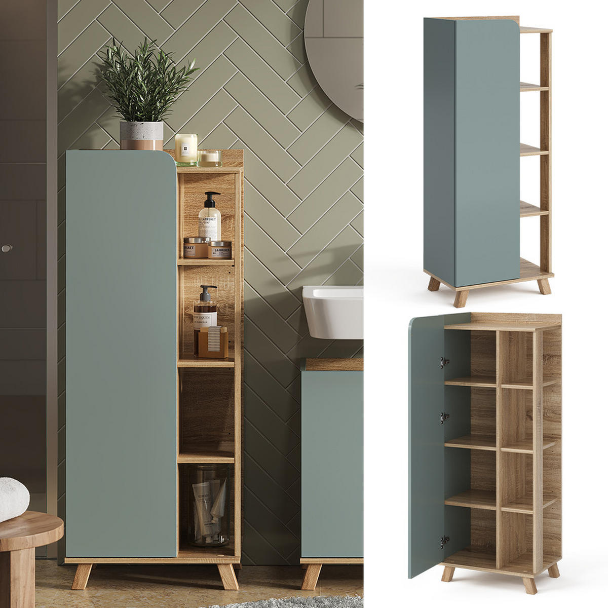 MIDISCHRANK Karen Blau-Grau 50 x 128 cm mit Tür und offenen Fächern - Dunkelblau/Sonoma Eiche, Holzwerkstoff (50/128/35cm) - Vicco