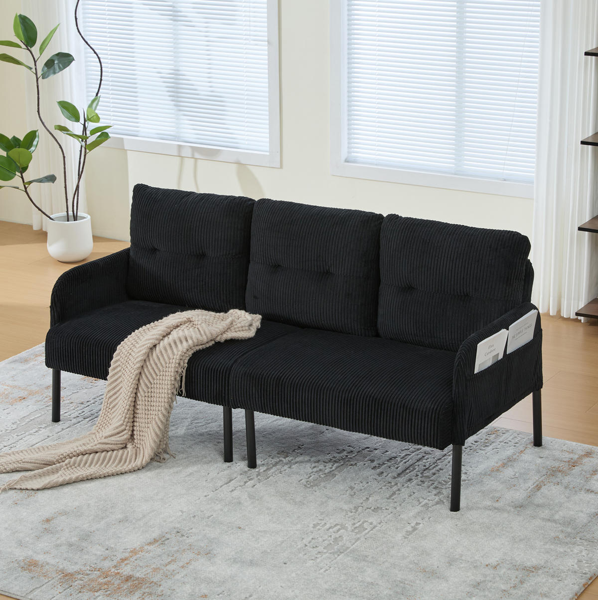 SOFA 3-Sitzer mit Seitentasche Cord Schwarz - Schwarz, Kunststoff (171/80/72cm) - Meubliv