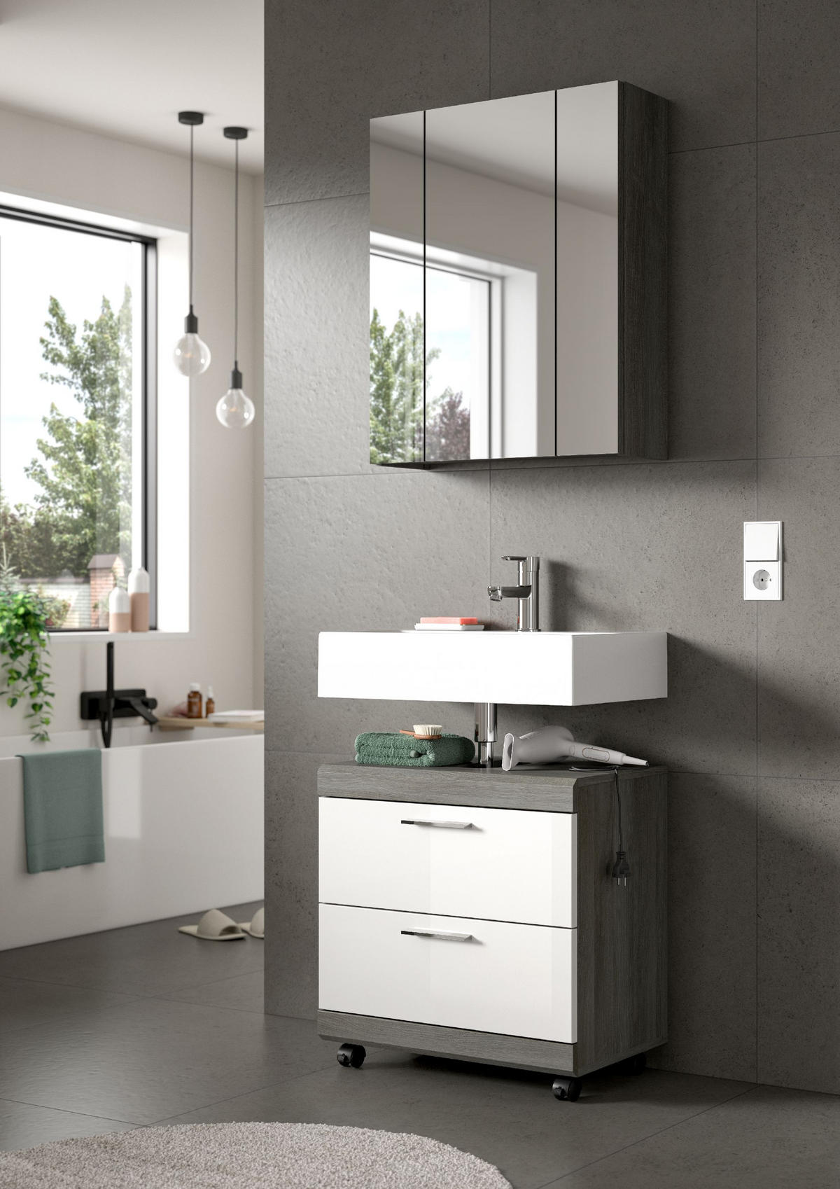 WASCHBECKENUNTERSCHRANK AUF ROLLEN Scout weiß hochglanz 60/34/60 cm - Grau, Holzwerkstoff (60/60/34cm) - Xonox