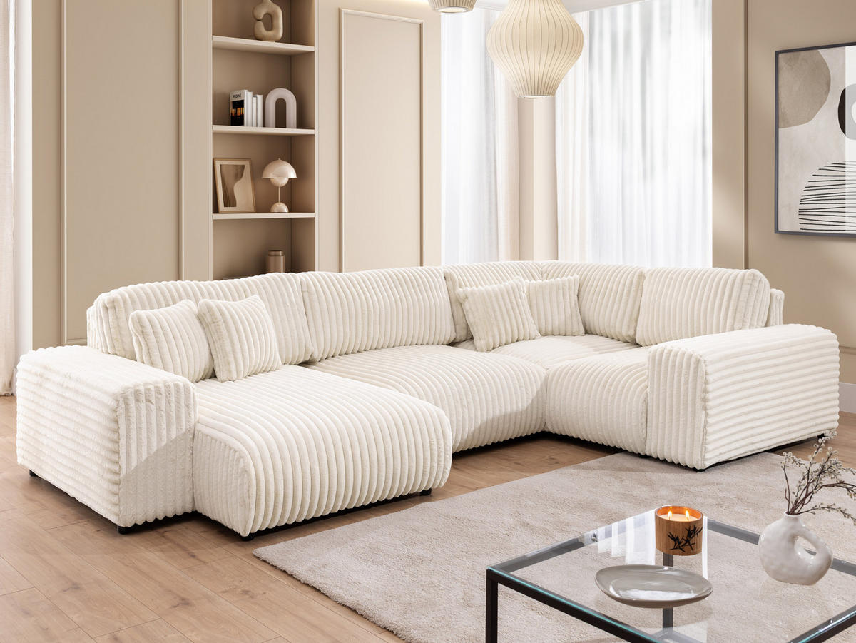 WOHNLANDSCHAFT Mollis Hellbeige Plüschcord im XXL-Format - Ottomane Links - Beige/Schwarz, Holz/Kunststoff (316/77/194cm) - S-Style Möbel