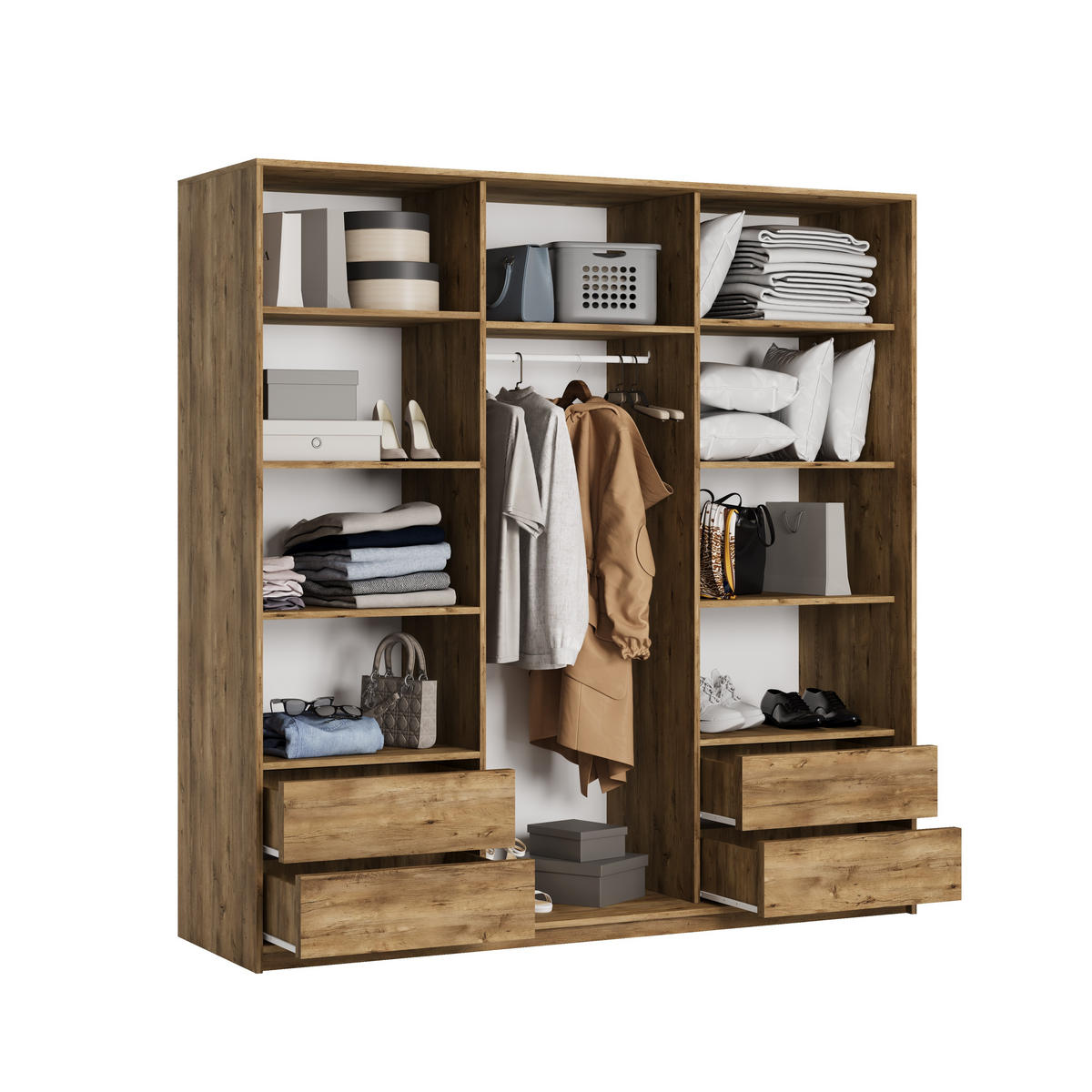 SCHWEBETÜRENSCHRANK VONTE 200/205/60 cm 3-türig mit Lamellen Eiche Lefkas - Eichefarben/Schwarz, Holzwerkstoff (200/205/60cm) - MASSENO