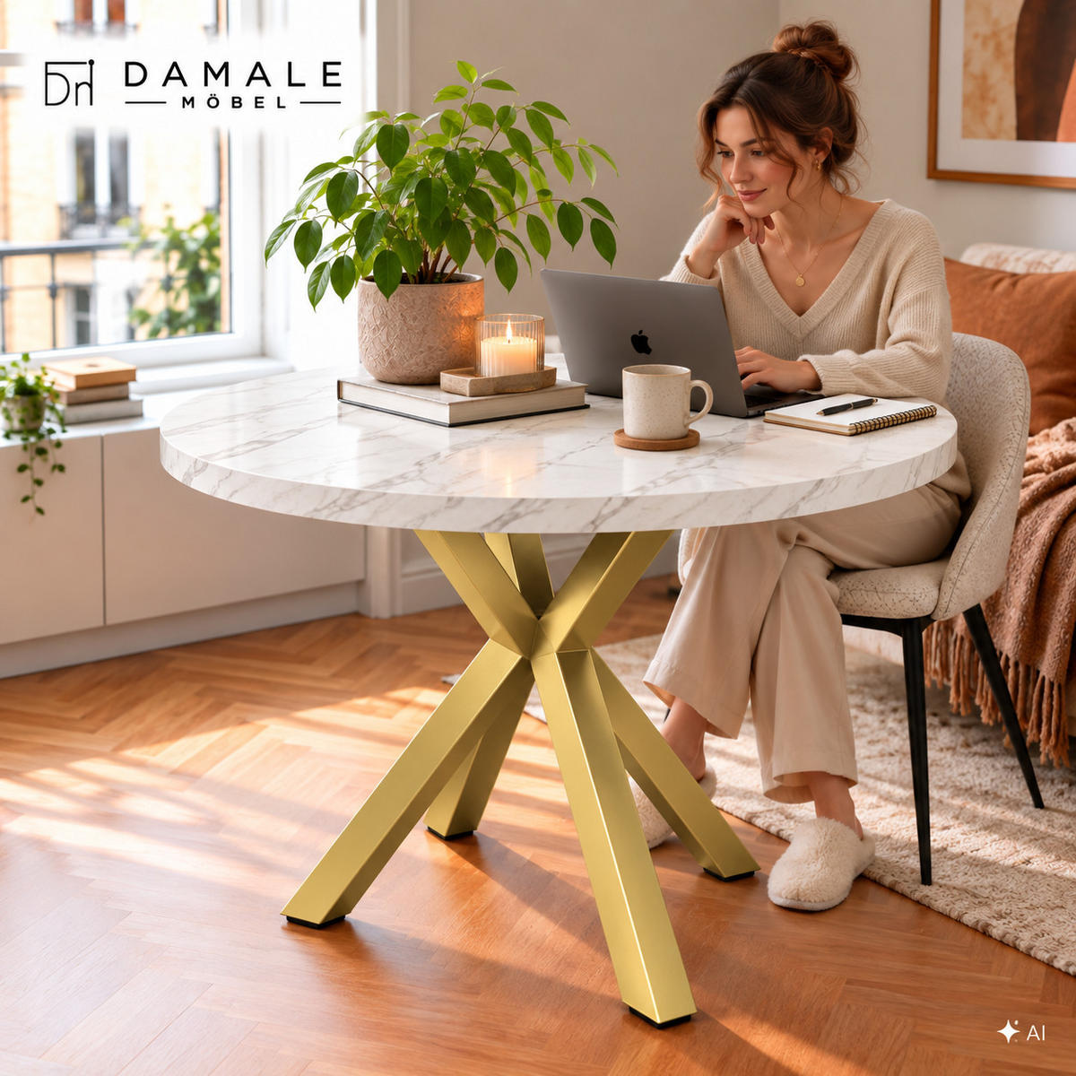 ESSTISCH rund ausziehbar 100/200/76 cm, Marmor, 54 cm Tischplatte + X Metallbeine Gold - Goldfarben/Hellgrau, Holzwerkstoff/Metall (100/200/76cm) - Damale Möbel
