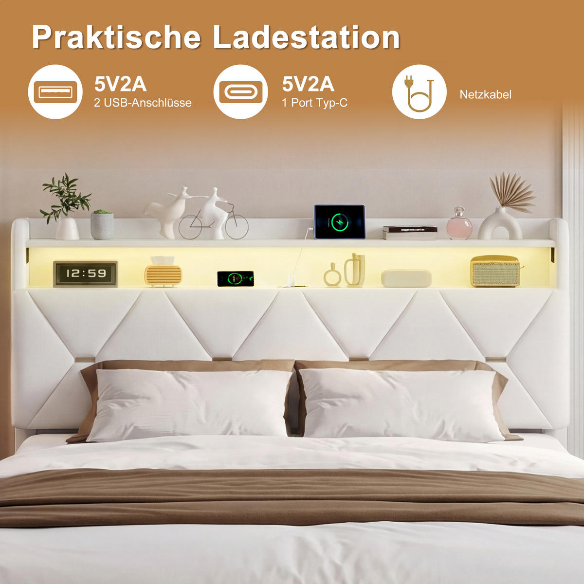 POLSTERBETT 140x200 cm mit hydraulischem Stauraum, Stauraumkopf, RGB-LED, USB-/Typ-C, Samtstoff in Beige - Beige, Holz (140/200cm) - BRILVERDE