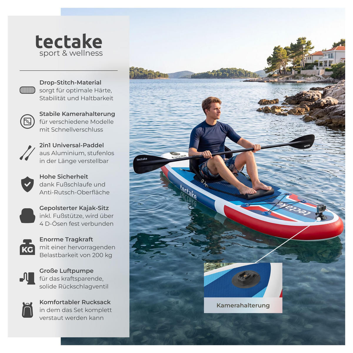 STAND-UP PADDLE BOARD Poseidon, Belastbarkeit 200 kg, inklusive Kajak-Sitz, rot/blau - Rot, Kunststoff (288/77/0.23cm) - tectake