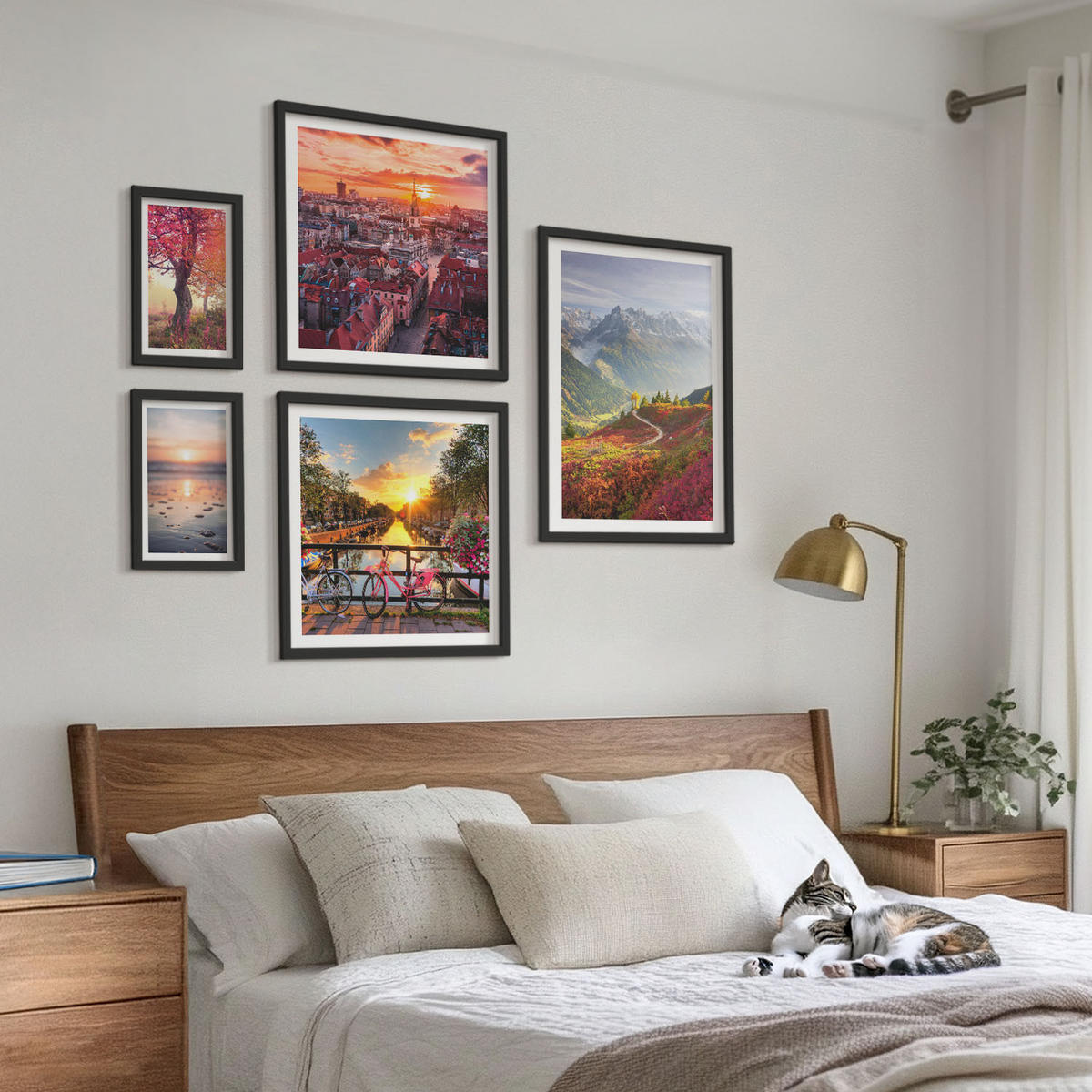 BILDER SET 5er Set - 50x50 cm & 20x30 cm & 40x60 cm Schwarzer Rahmen - Einfache Zeichnungen von Stadtansichten - Schwarz, Kunststoff (40/60cm) - TULUP