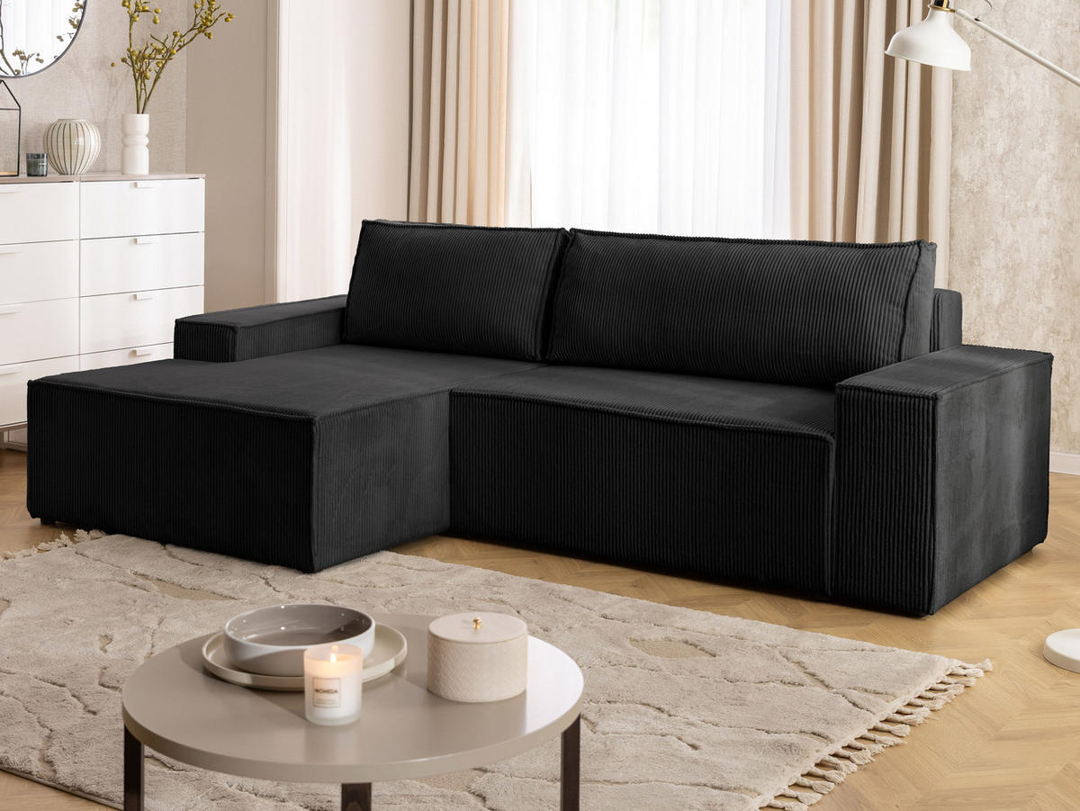 ECKSOFA Rivio mit Schlaffunktion und Bettkasten, Cordstoff Schwarz - Schwarz, Holz/Kunststoff (149/262cm) - S-Style