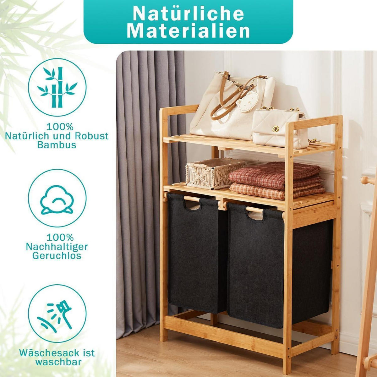 WÄSCHEKORB Bambus mit 2 Ablagen und 2 Wäschesäcken Schwarz 93 x 64 x 33 cm - Schwarz, Naturmaterialien (40.5/33/94cm)