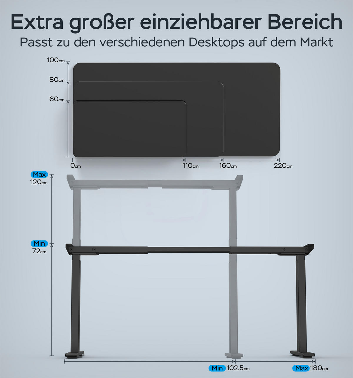 TISCHGESTELL elektrisch höhenverstellbar 72-120 cm Schwarz aus Stahl mit 2 Motoren - Schwarz, Metall (180/60/120cm) - OKWISH