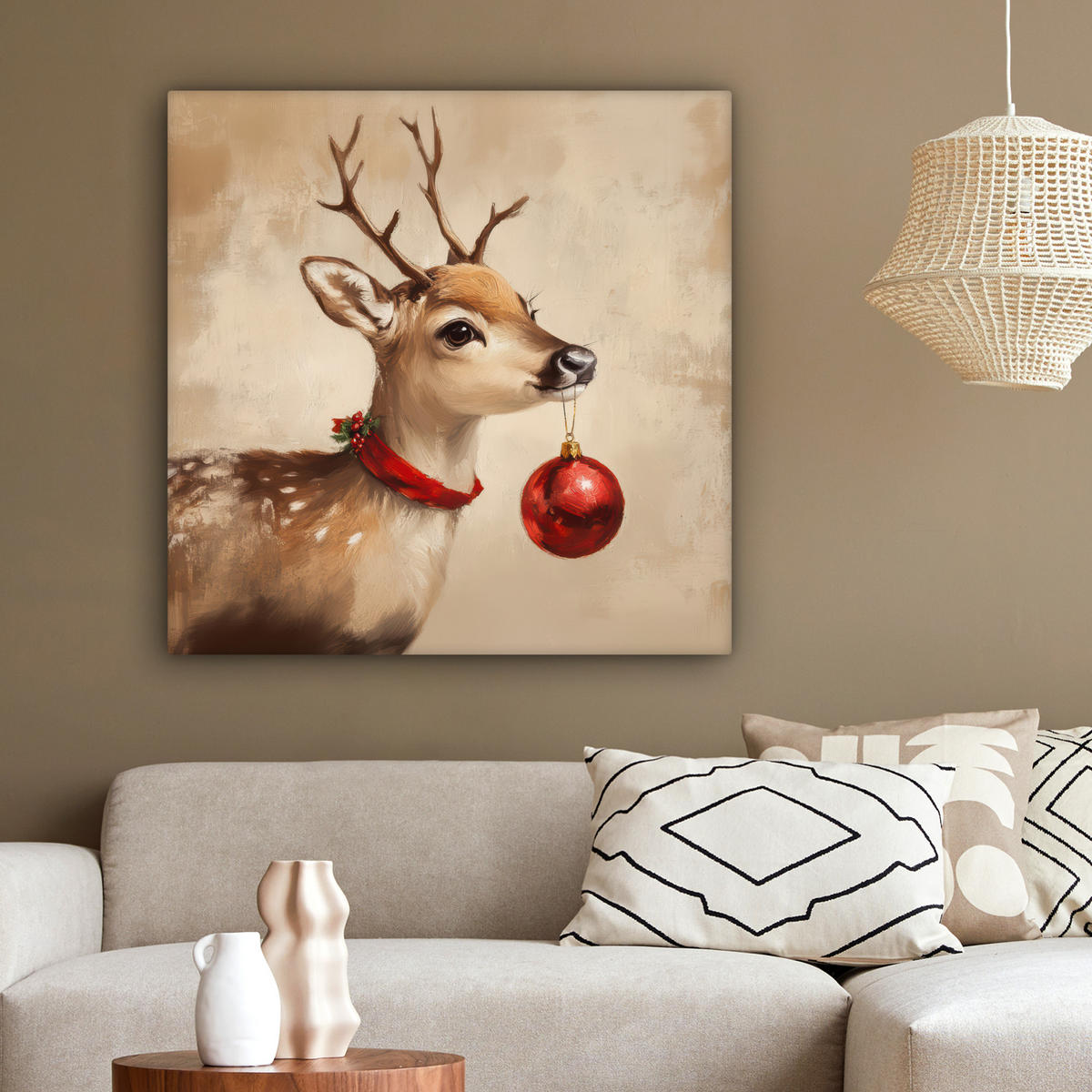 LEINWANDBILD Weihnachten - Hirsch - Geweih - Weihnachtskugel - Rentier 90x90 cm - Hellbraun, Textil (90/90cm) - MuchoWow