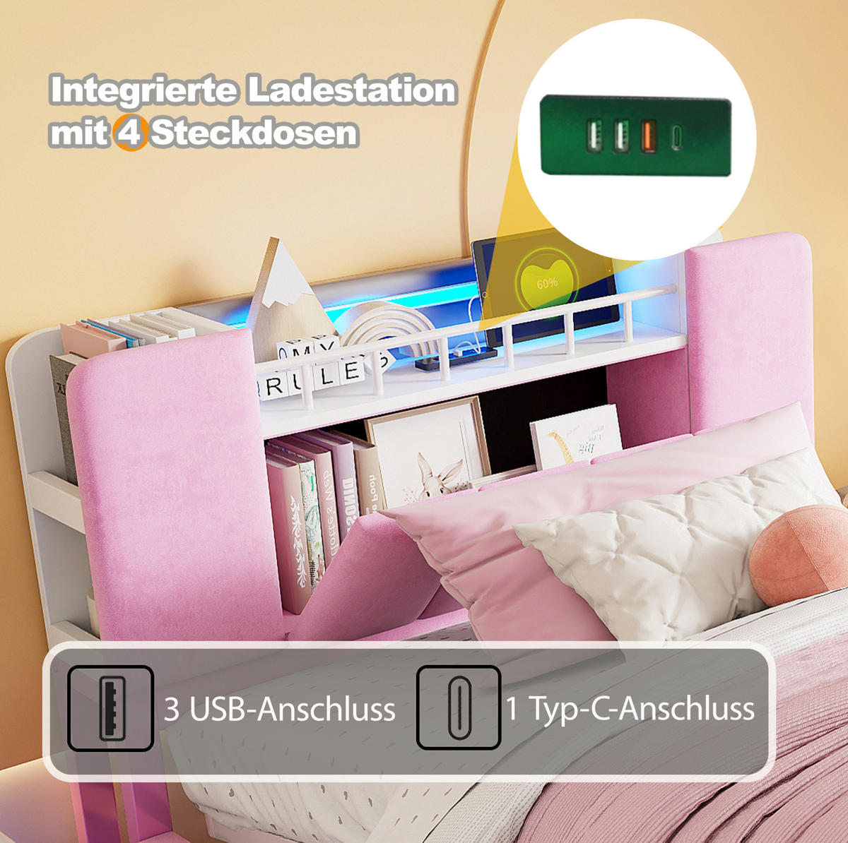 KINDERPOLSTERBETT 90/200 cm aus Samt mit LED-Beleuchtung, USB-Anschluss, Rosa - Pink, Textil (90/200cm) - OKMYHOME