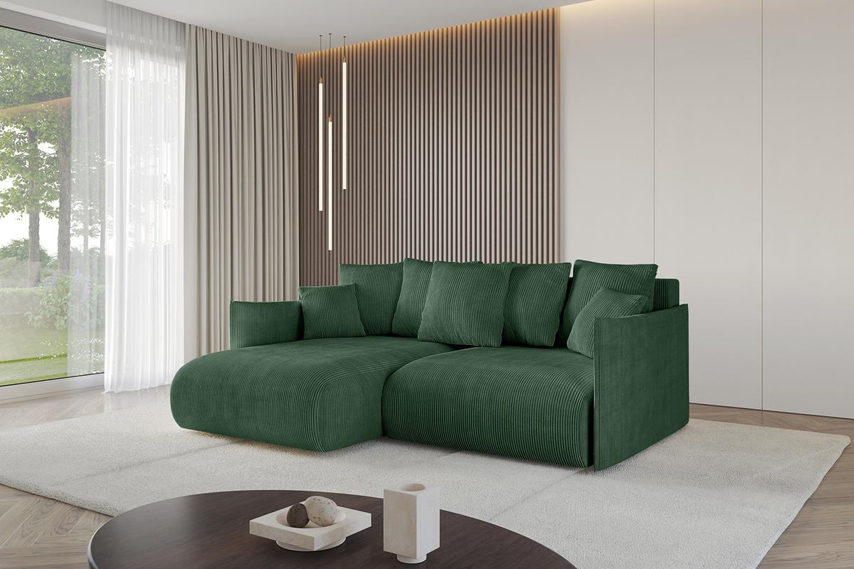 ECKSOFA mit Schlaffunktion und Bettkasten ONESK-L 208x165x40 Grün Cord - Grün, Holzwerkstoff/Kunststoff (208/165cm) - ALTDECOR