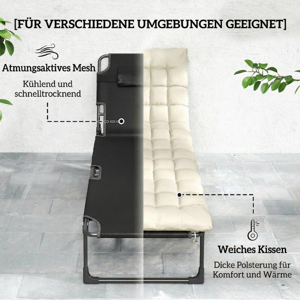 SONNENLIEGE Stahl Netzstoff Cremeweiß - Creme/Schwarz, Textil/Metall (68/34/190cm) - Outsunny