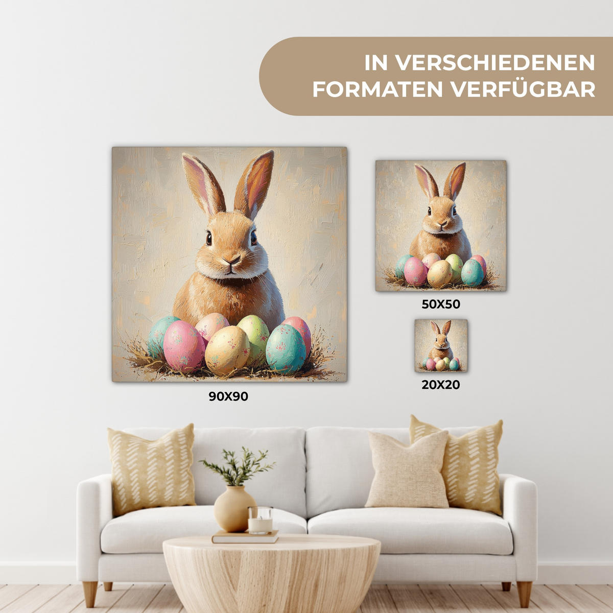 LEINWANDBILD Osterhase - Pastell - Eier Wandbild Wohnzimmer 50x50 cm - Beige, Textil (50/50cm) - MuchoWow