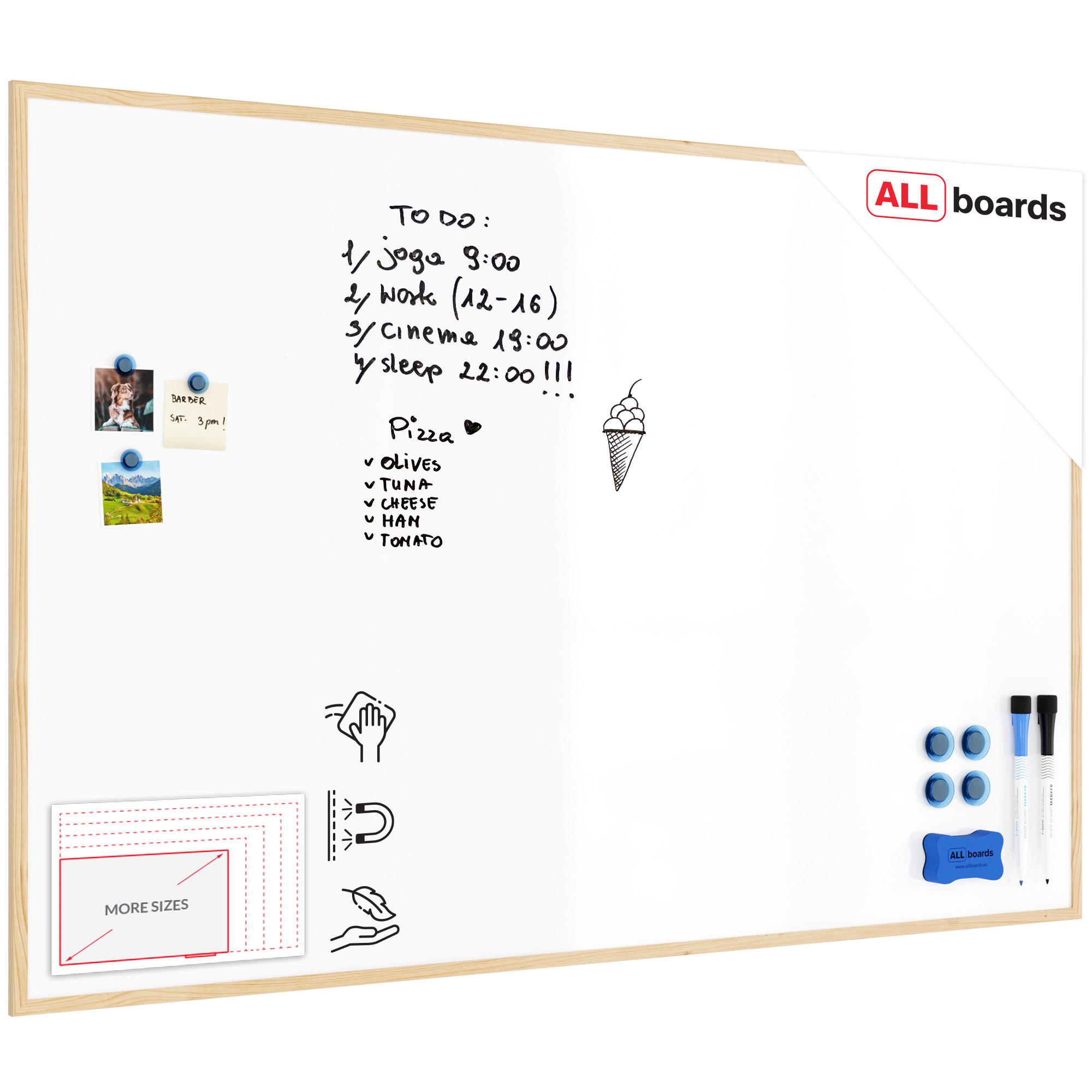 MAGNETISCHES Whiteboard mit Naturholzrahmen 180x120cm - Weiß, Metall (180/120/1.8cm) - ALLboards