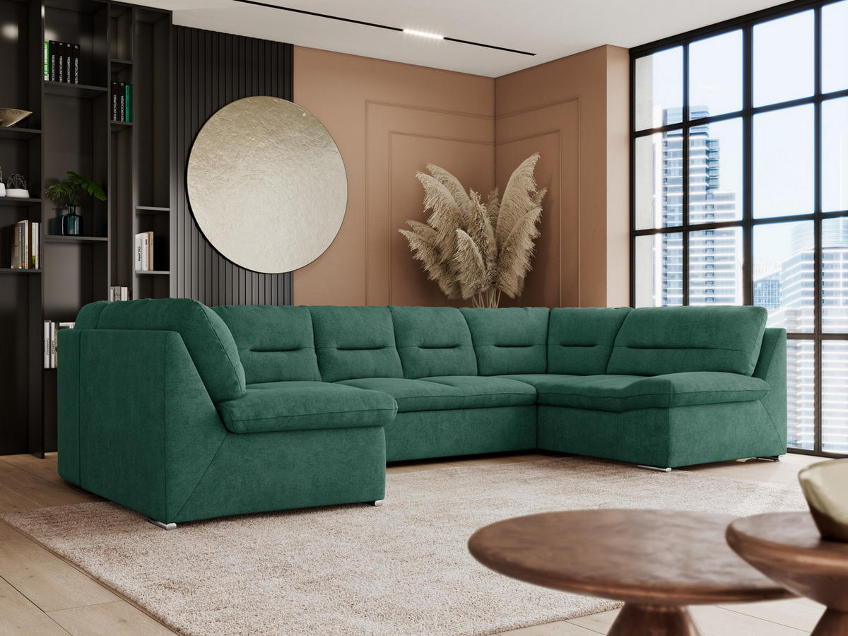 WOHNLANDSCHAFT COMODO U Grün Struktur - Silberfarben/Grün, Textil/Metall (340/93/206cm) - MKS