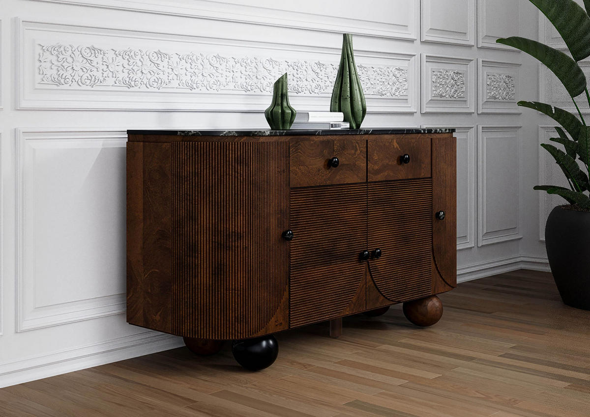 SIDEBOARD Mango 150x40x80 dunkelbraun lackiert / Marmor schwarz FLORENZ #220 - Dunkelbraun, Holz (150/80/40cm) - Massivmoebel24