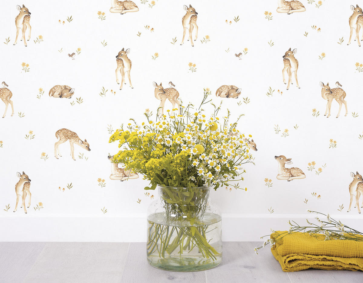 VLIESTAPETE, Oh deer, Rehkitze, 50 cm x 10 m, gelb - Hellgelb/Braun, Papier (50/1000cm)