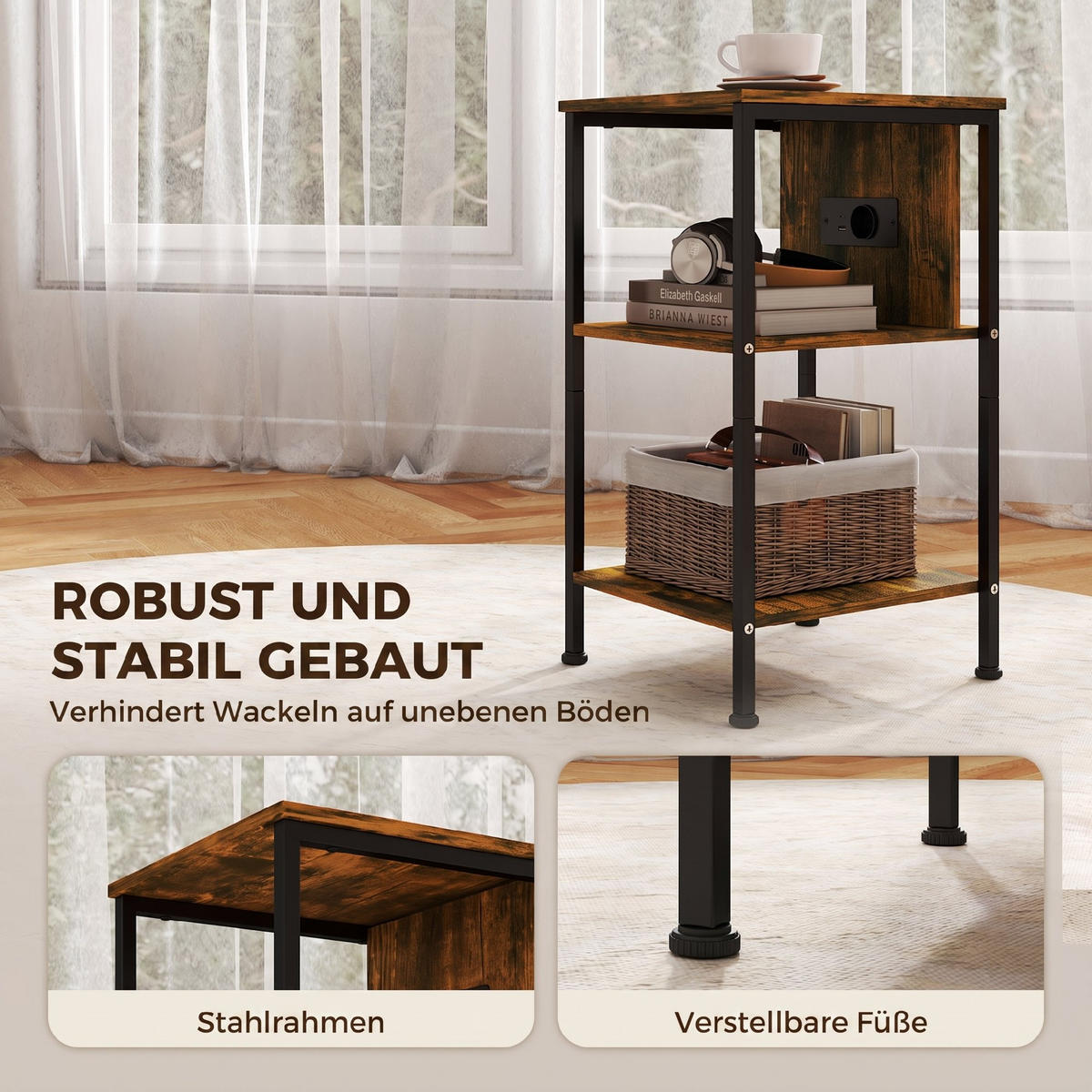 BEISTELLTISCH Spanplatte Stahl Rustikal-Braun - Schwarz/Braun, Holzwerkstoff/Metall (34/30/58cm) - HOMCOM