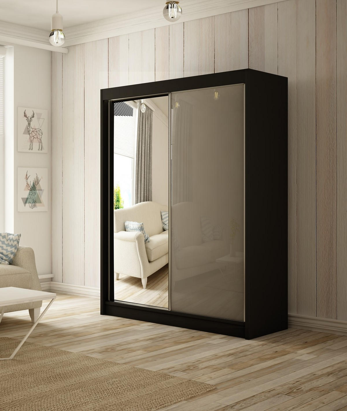 SCHWEBETÜRENSCHRANK Venus 150 cm mit Spiegel 2-türig, schwarz, lacobel grau - Schwarz/Grau, Kunststoff (150/215/61cm) - Margaret Hadas24
