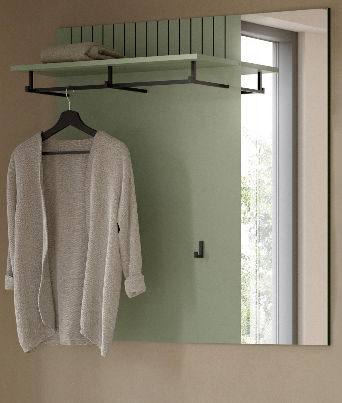 GARDEROBENPANEEL grün 106 x 106 cm, Wandgarderobe mit Spiegel - Grün, Glas/Holzwerkstoff (106/106/27cm) - Inn.Furn