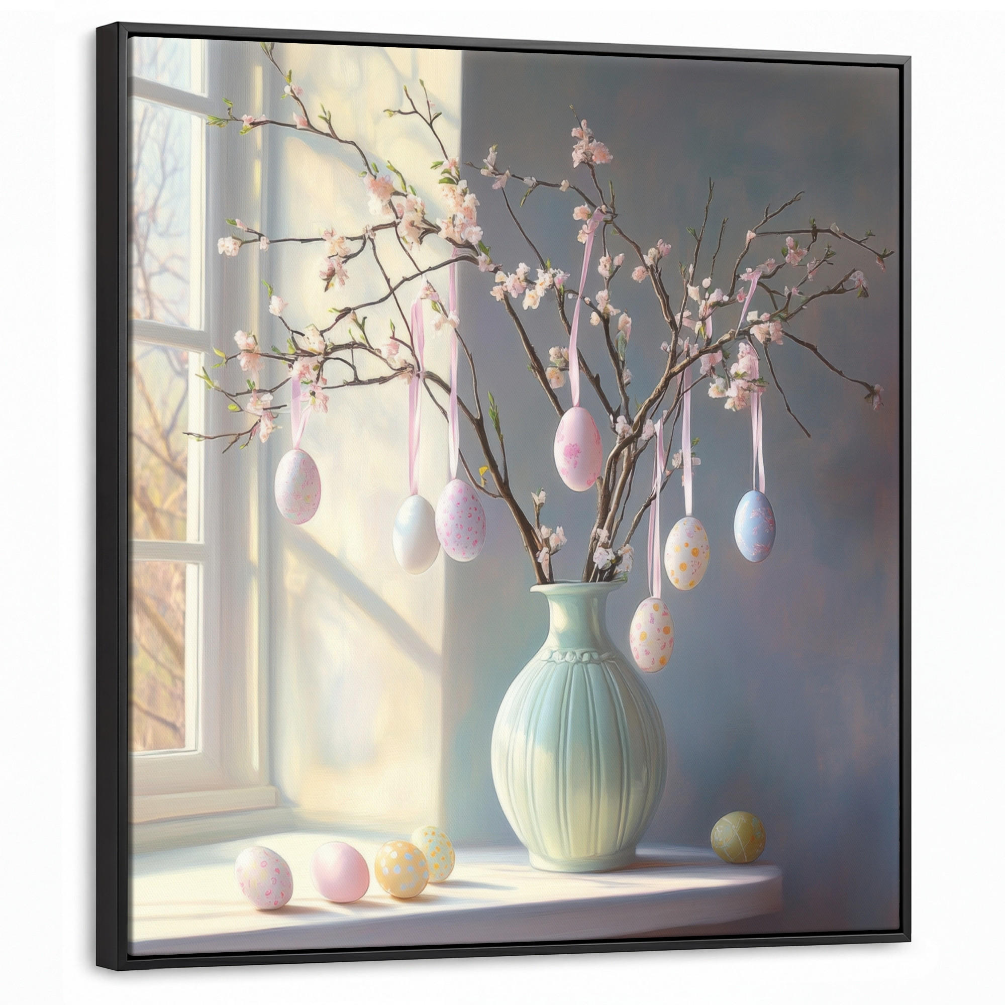 LEINWAND Bilder mit Rahmen - Stillleben - Vase - Osterzweig - 90x90 - Hellblau, Textil (90/90cm) - MuchoWow