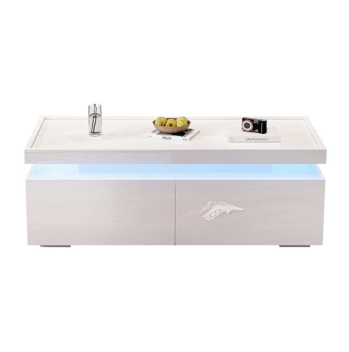 COUCHTISCH 95/45/35 cm mit LED-Beleuchtung, 2 Schubladen und halboffener Ablage, Hochglanz-Design, Weiß - Weiß, Holzwerkstoff (95/45/35cm) - Redom