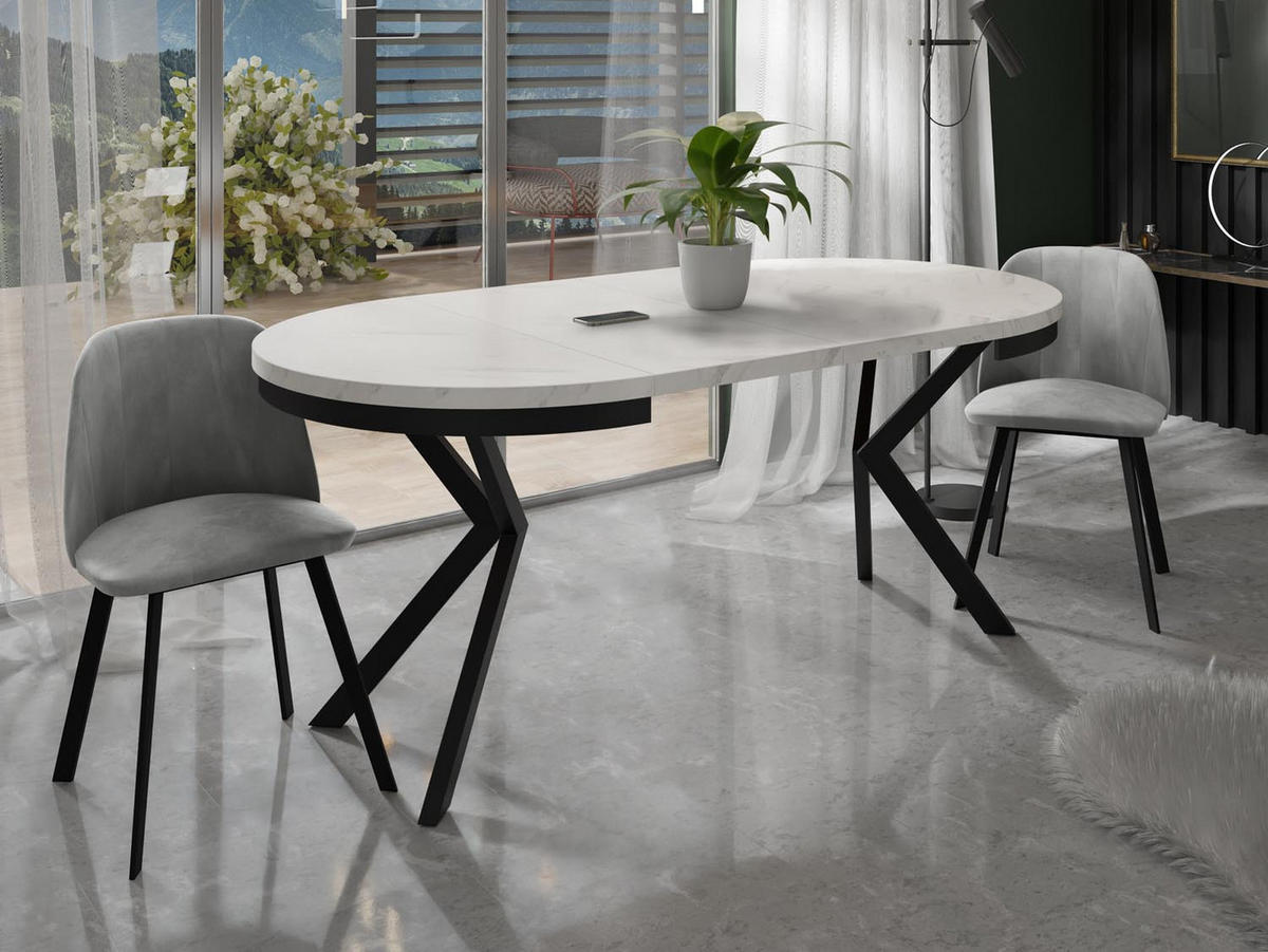 ESSTISCH Ross runder ausziehbarer, Marmor Weiß 100-180/100/76 cm - Ecru/Schwarz, Holzwerkstoff/Metall (100/100/76cm) - WFL GROUP