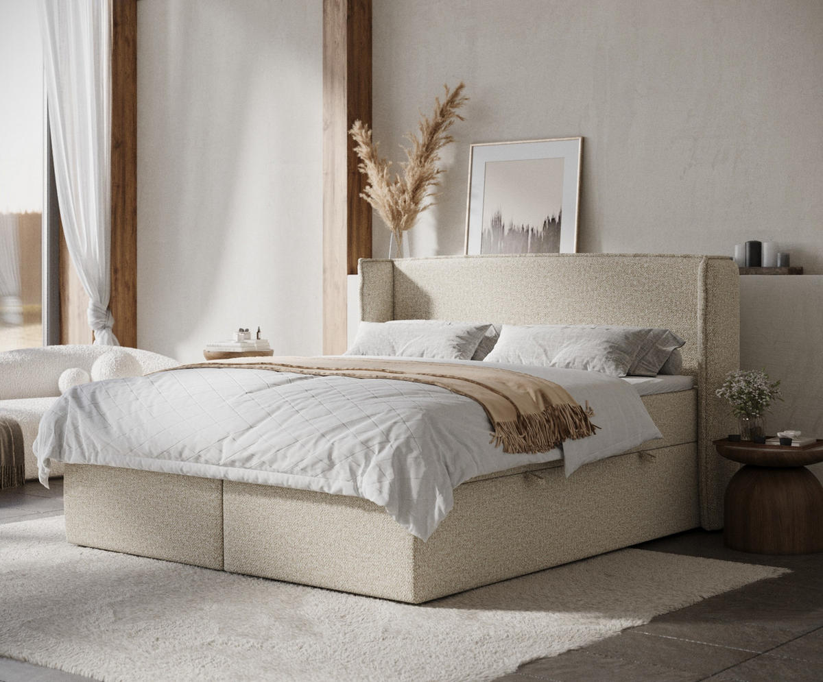BOXBETT Skyline Beige 160/200 cm mit Matratze und Topper - Beige/Schwarz, Holz/Holzwerkstoff (160/200cm) - Maison de Reve