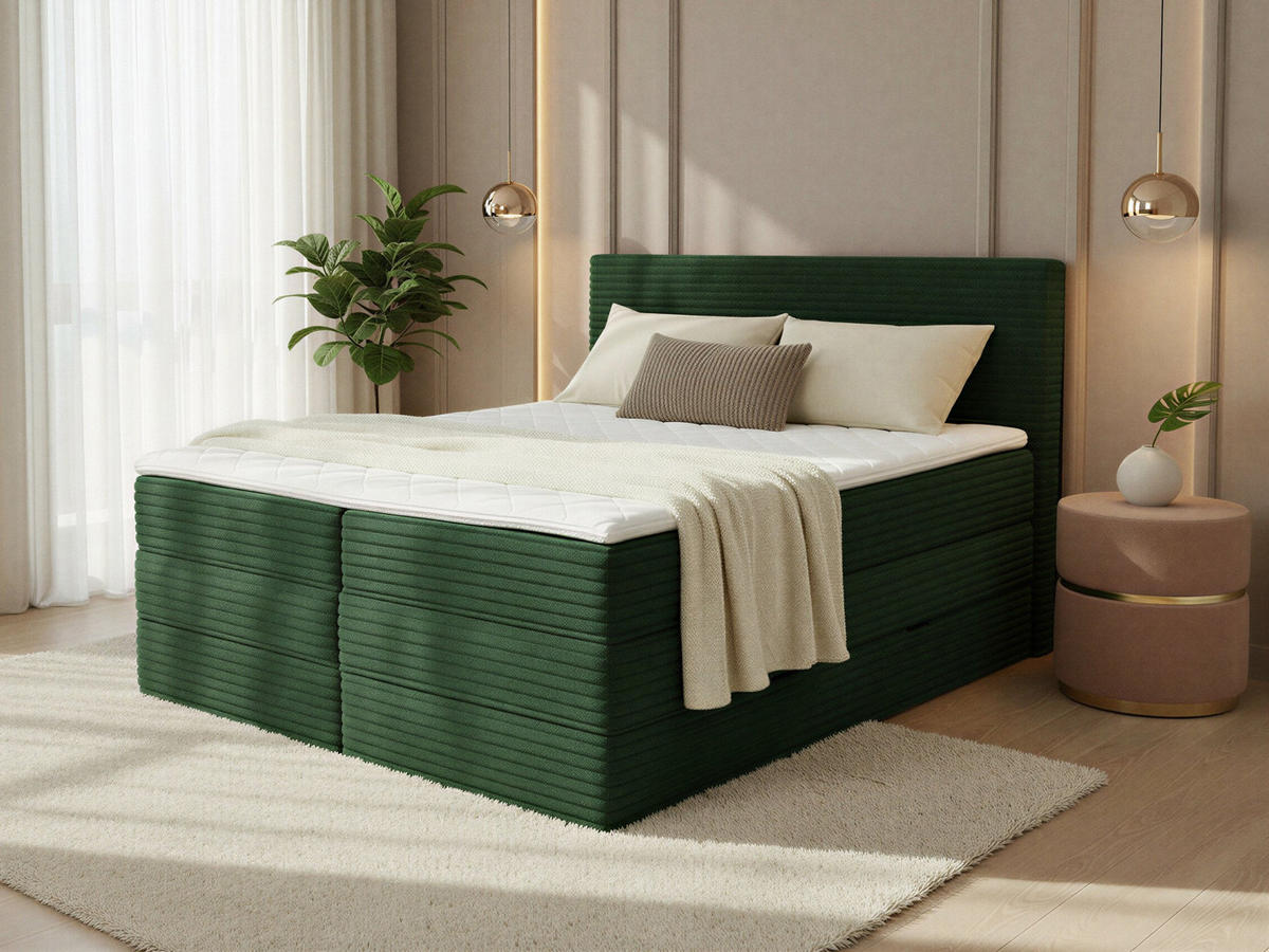 BOXSPRINGBETT Mollo Max - 140x200 - grün (Tilia 39, Cord) - Schwarz/Grün, Holz/Holzwerkstoff (140/200cm) - Sofnet
