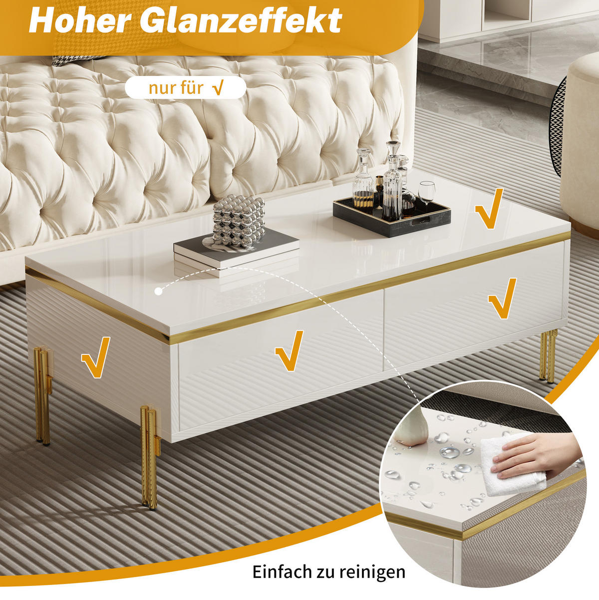 COUCHTISCH 100/50/36 cm mit beidseitigen Schubladen, Hochglanzoberfläche und Metallbeinen, Weiß - Weiß, Holzwerkstoff (100/50/36cm) - Redom