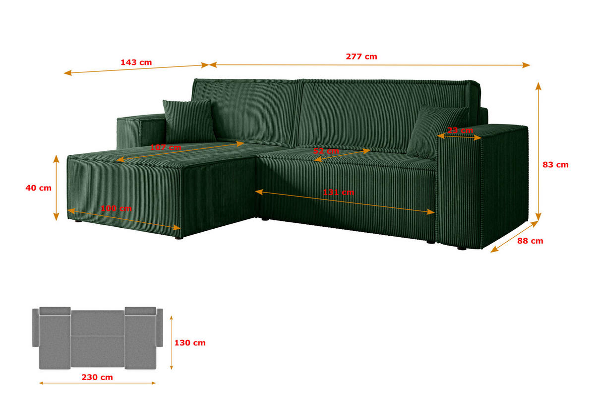 ECKSOFA mit Schlaffunktion und Bettkasten CELTIC-XL - 277x143x83 cm Grün Cord - Schwarz/Grün, Holzwerkstoff/Kunststoff (277/143cm) - ALTDECOR