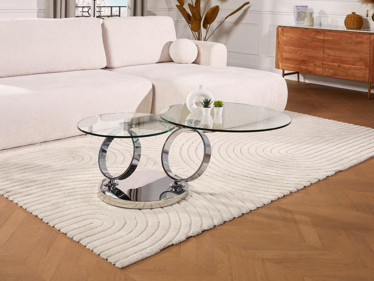 COUCHTISCH mit drehbaren Tischplatten - Sicherheitsglas & Metall - JOLINE - Chromfarben, Glas (131.5/80/42cm) - Vente-Unique