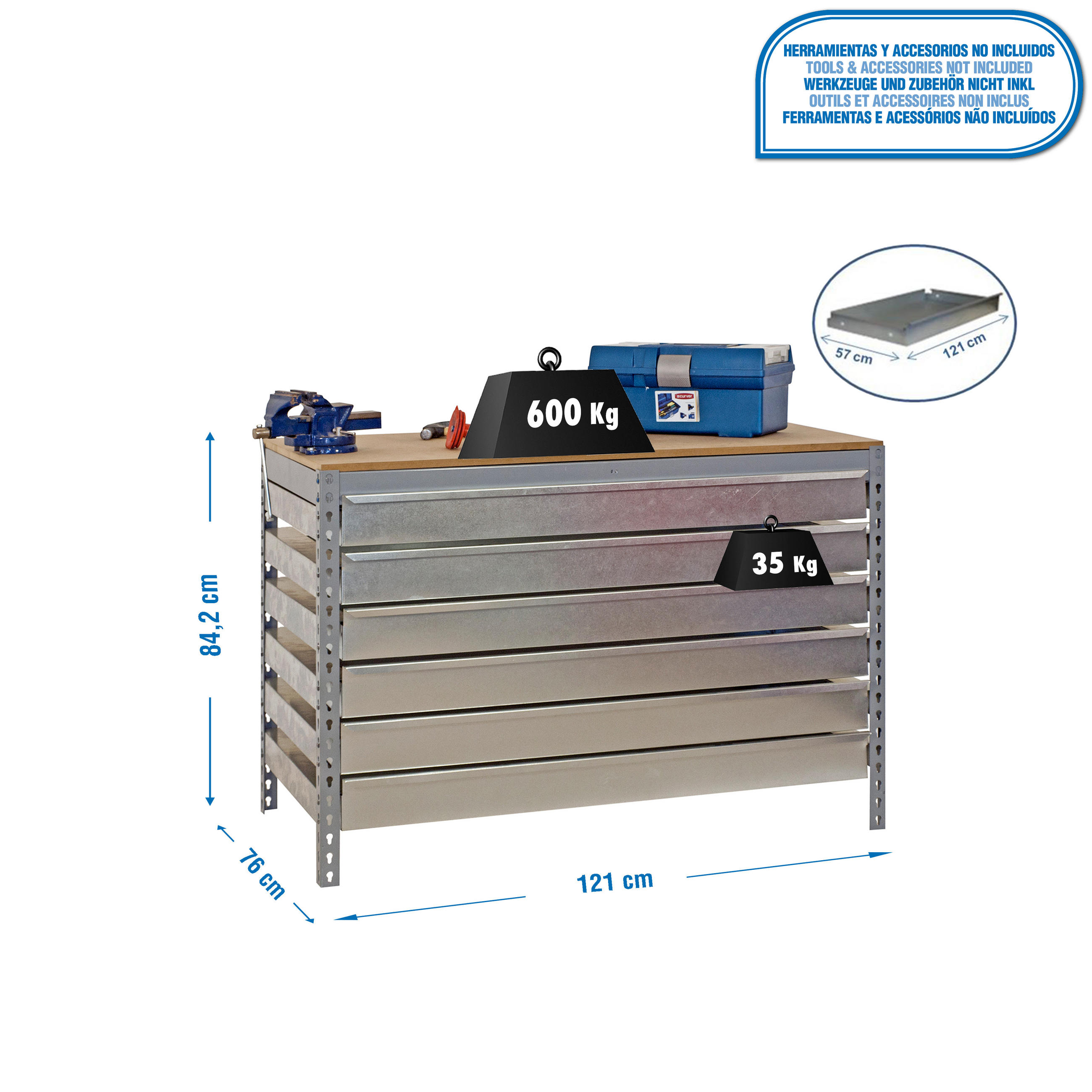 WERKBANK BUFFALO mit Schubfächern | HxBxT 84x120x76cm | Traglast 600kg | Grau - Grau, Metall (120/84/76cm) - PROREGAL