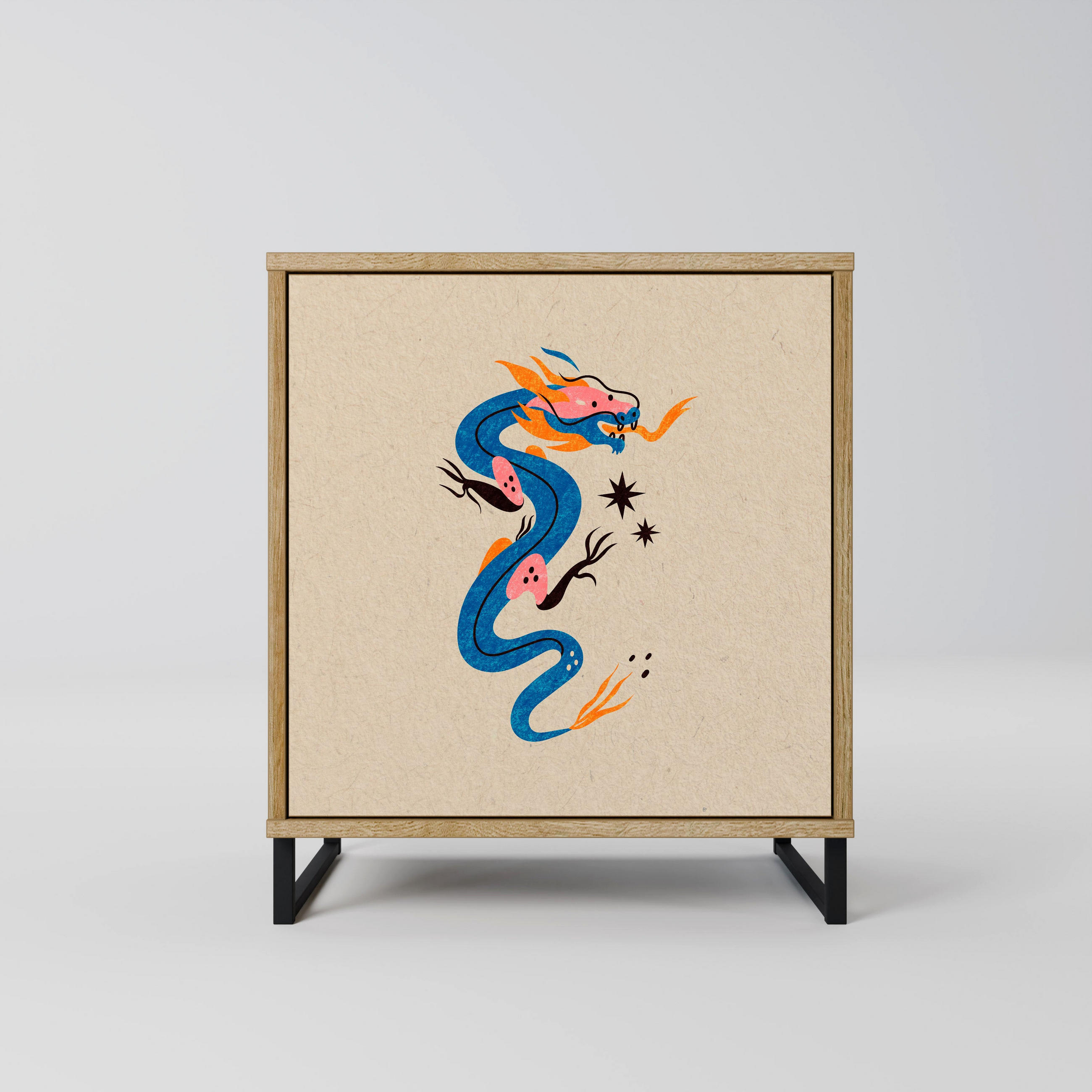 SIDEBOARD MYTHOLOGICAL CREATURES, Eichefarben, 57,5x42x67,5 cm, Schwarze Metall-Rahmenfüße - Eichefarben/Multicolor, Holzwerkstoff/Metall (57.5/67.5/42cm) - SpaceRebels